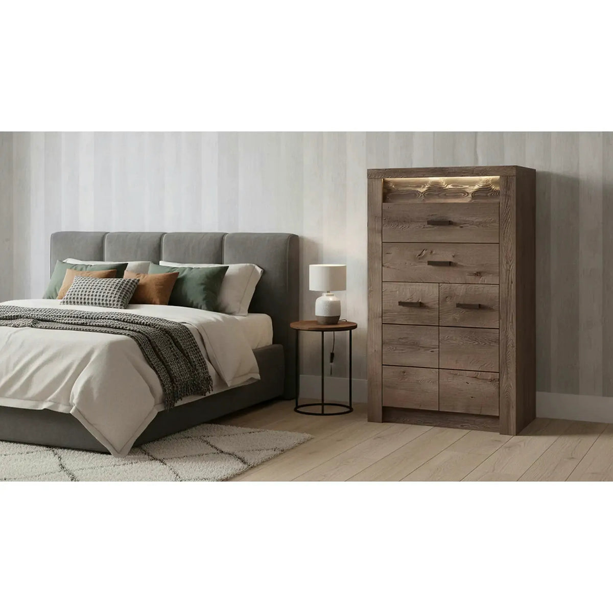 Comoda INFINITY I-06, frasin inchis, PAL melaminat, cu iluminare LED, 76x42x127 cm