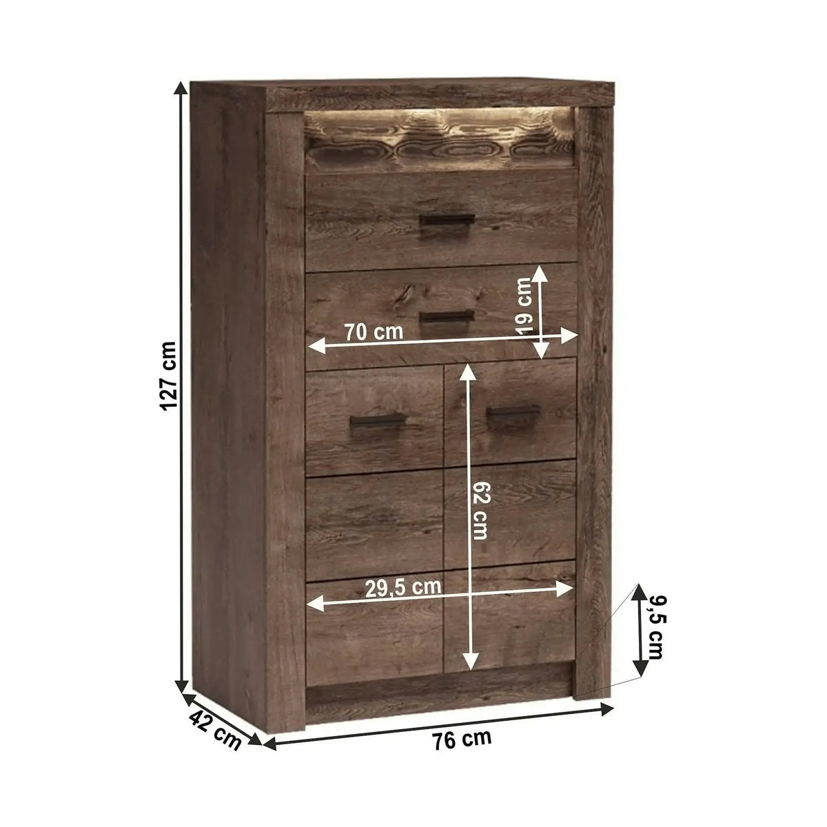 Comoda INFINITY I-06, frasin inchis, PAL melaminat, cu iluminare LED, 76x42x127 cm