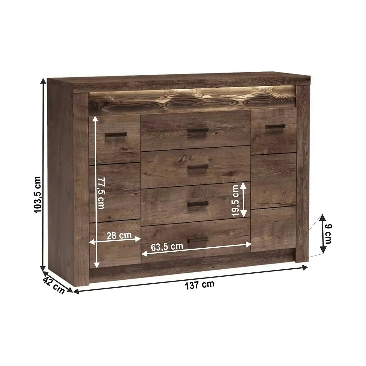 Comoda INFINITY I-07, frasin inchis, PAL melaminat, metal, 137x42x104 cm
