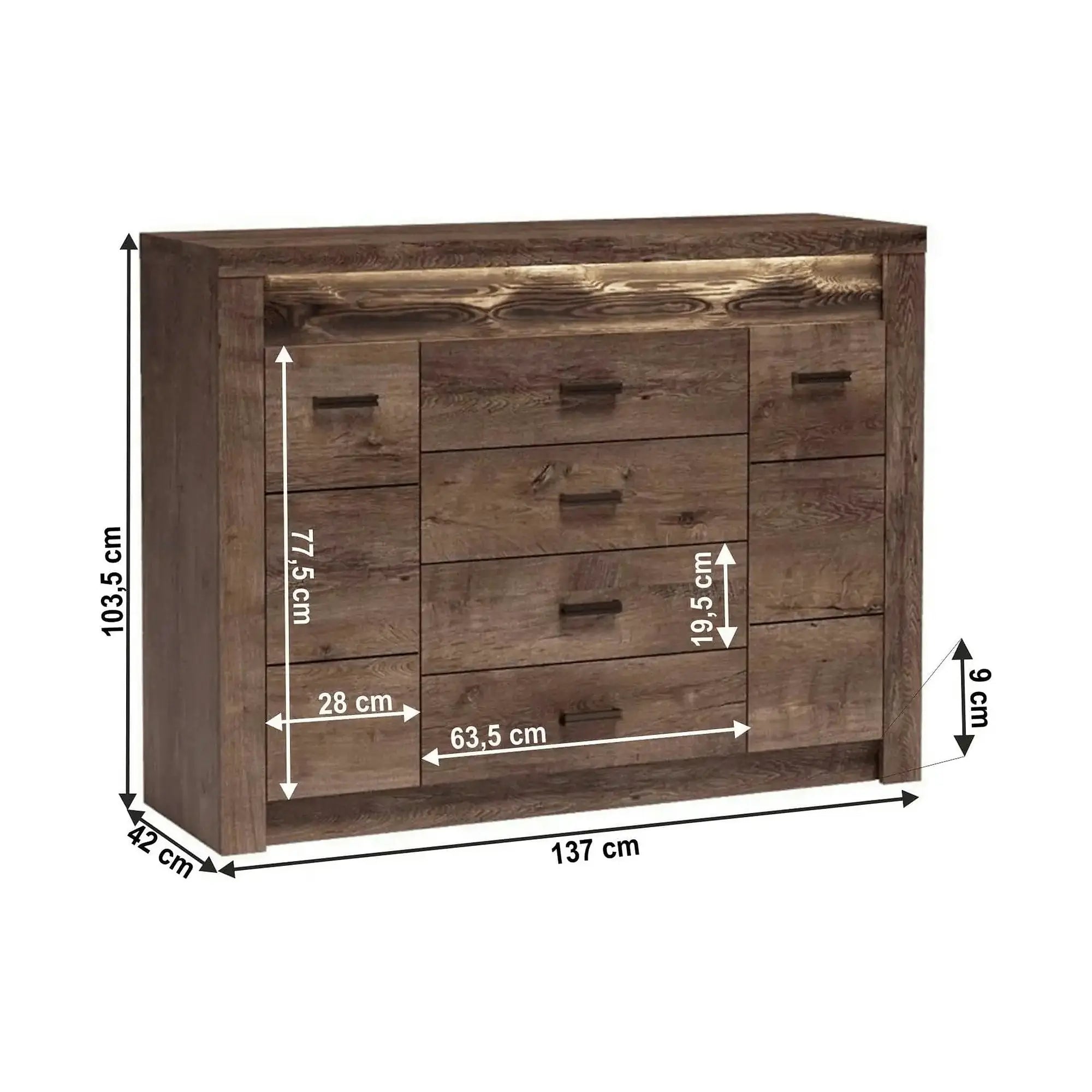 Comoda INFINITY I-07, frasin inchis, PAL melaminat, metal, 137x42x104 cm