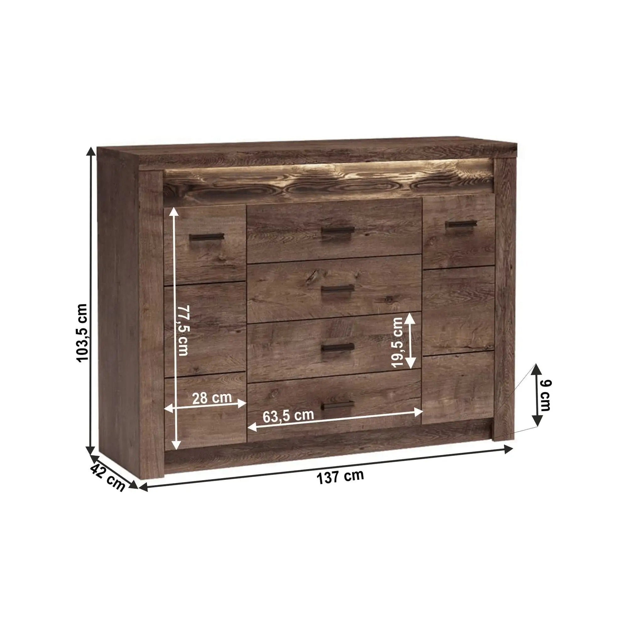 Comoda INFINITY I-07, frasin inchis, PAL melaminat, metal, 137x42x104 cm