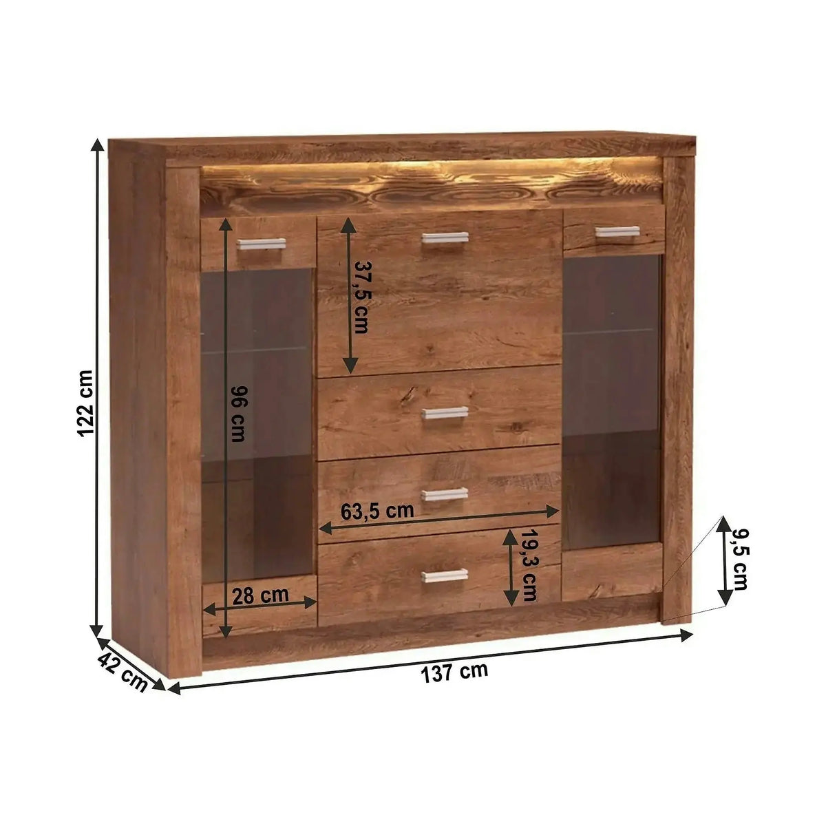Comoda INFINITY I-08, frasin deschis, PAL melaminat, 137x42x122 cm