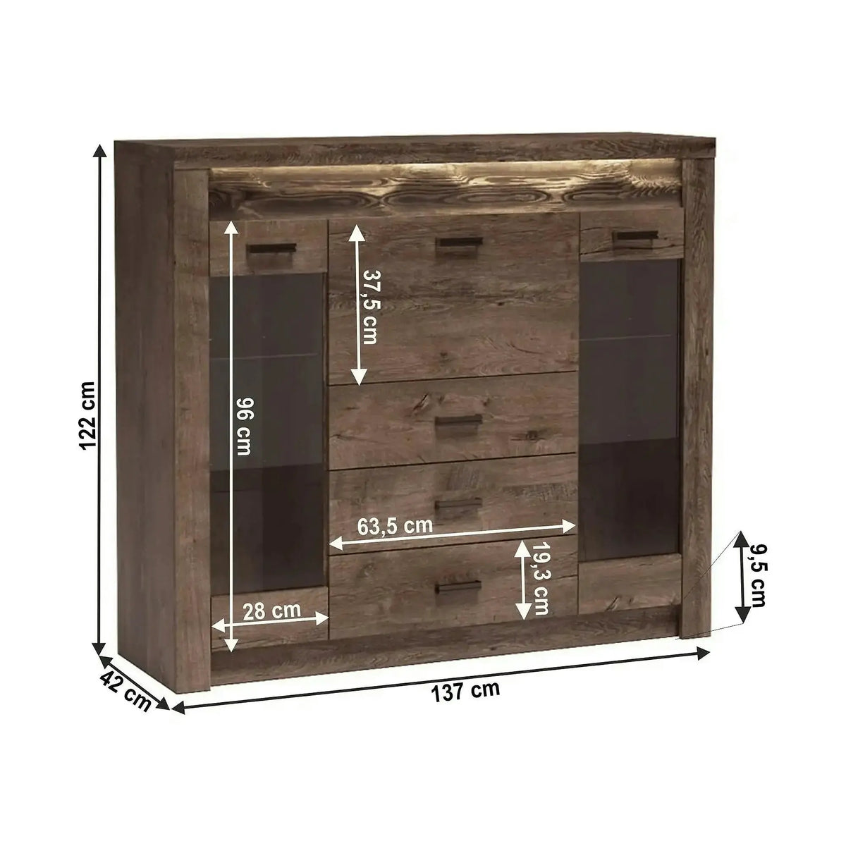 Comoda INFINITY I-08, frasin inchis, PAL melaminat, 137x42x122 cm