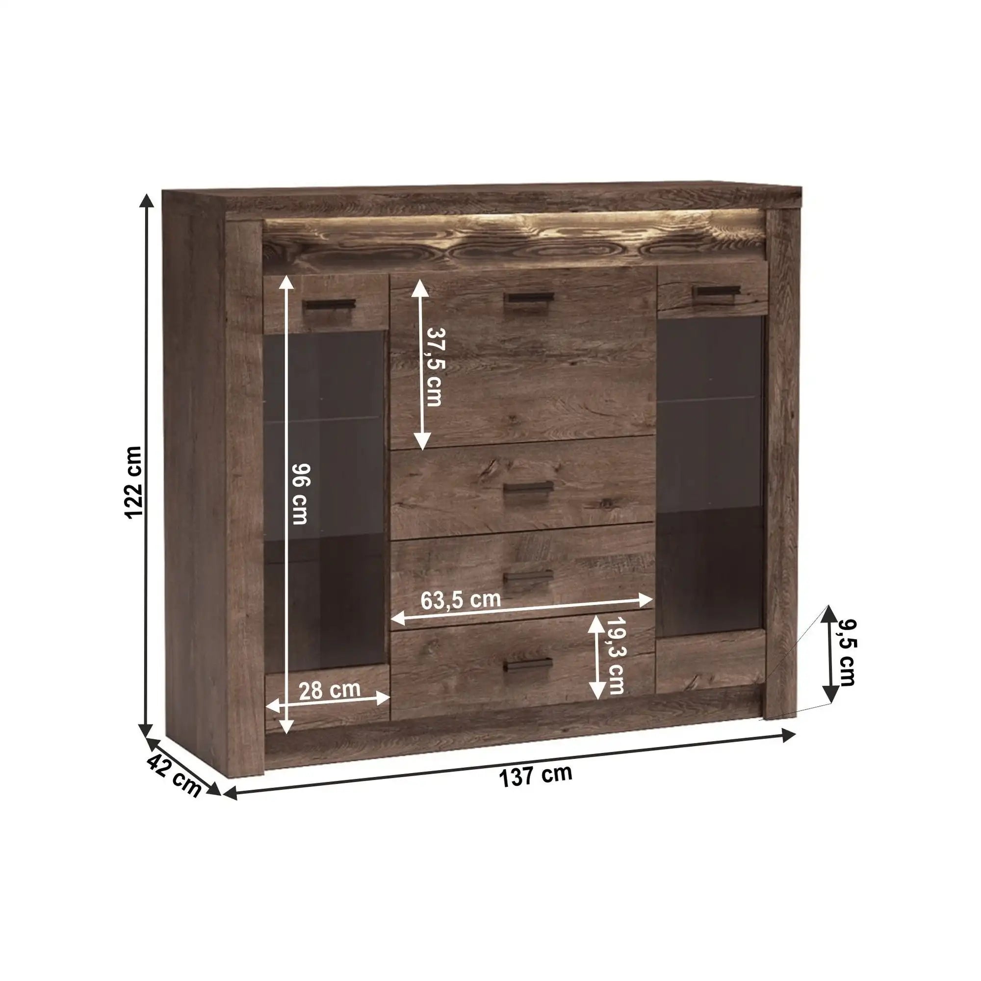 Comoda INFINITY I-08, frasin inchis, PAL melaminat, 137x42x122 cm