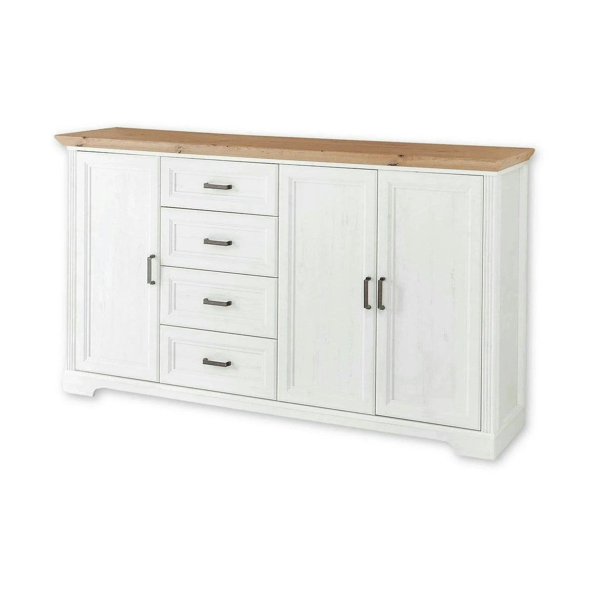 Comoda JASMIN, alb/stejar artisan, PAL, cu 3 usi si 4 sertare, 182x41x102 cm