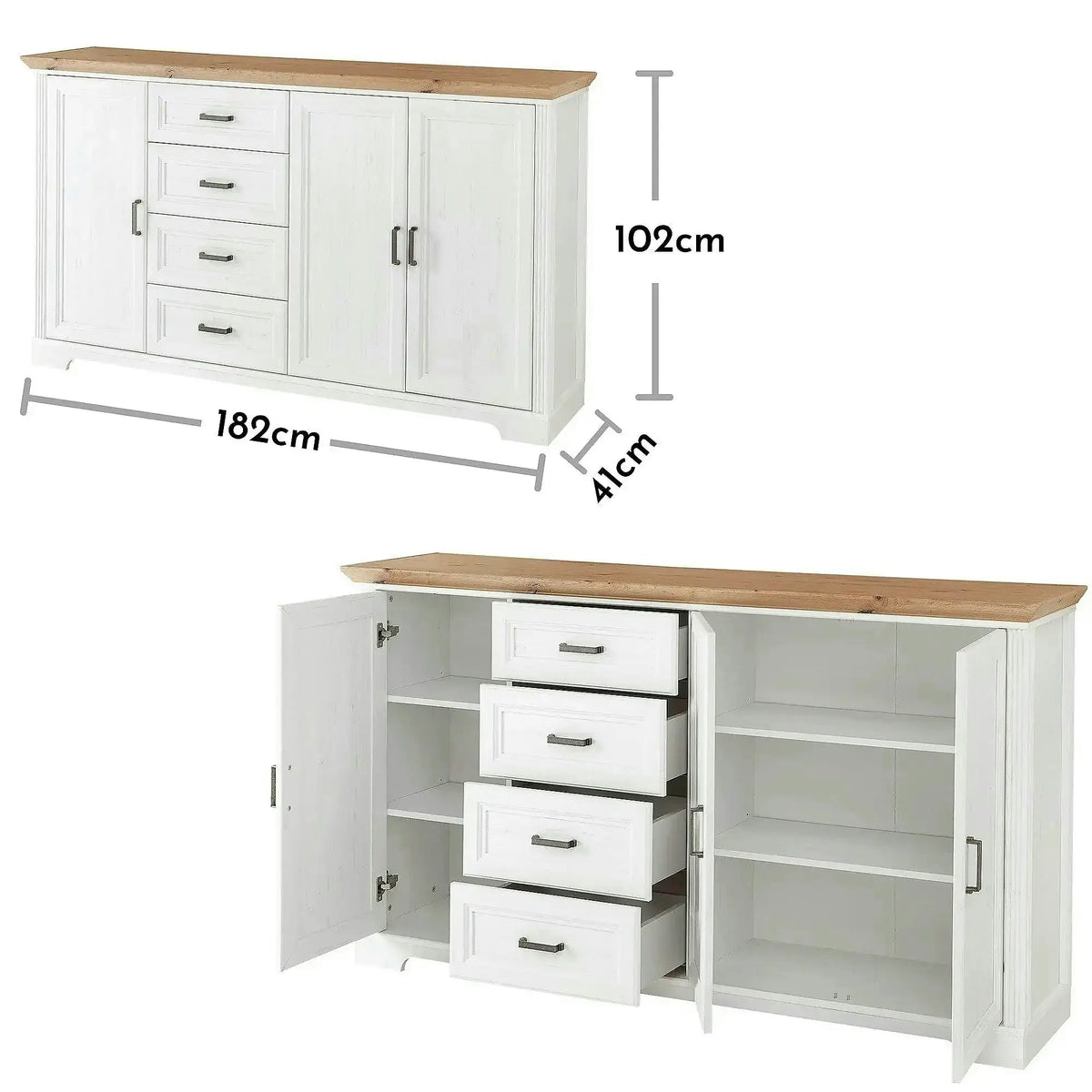 Comoda JASMIN, alb/stejar artisan, PAL, cu 3 usi si 4 sertare, 182x41x102 cm