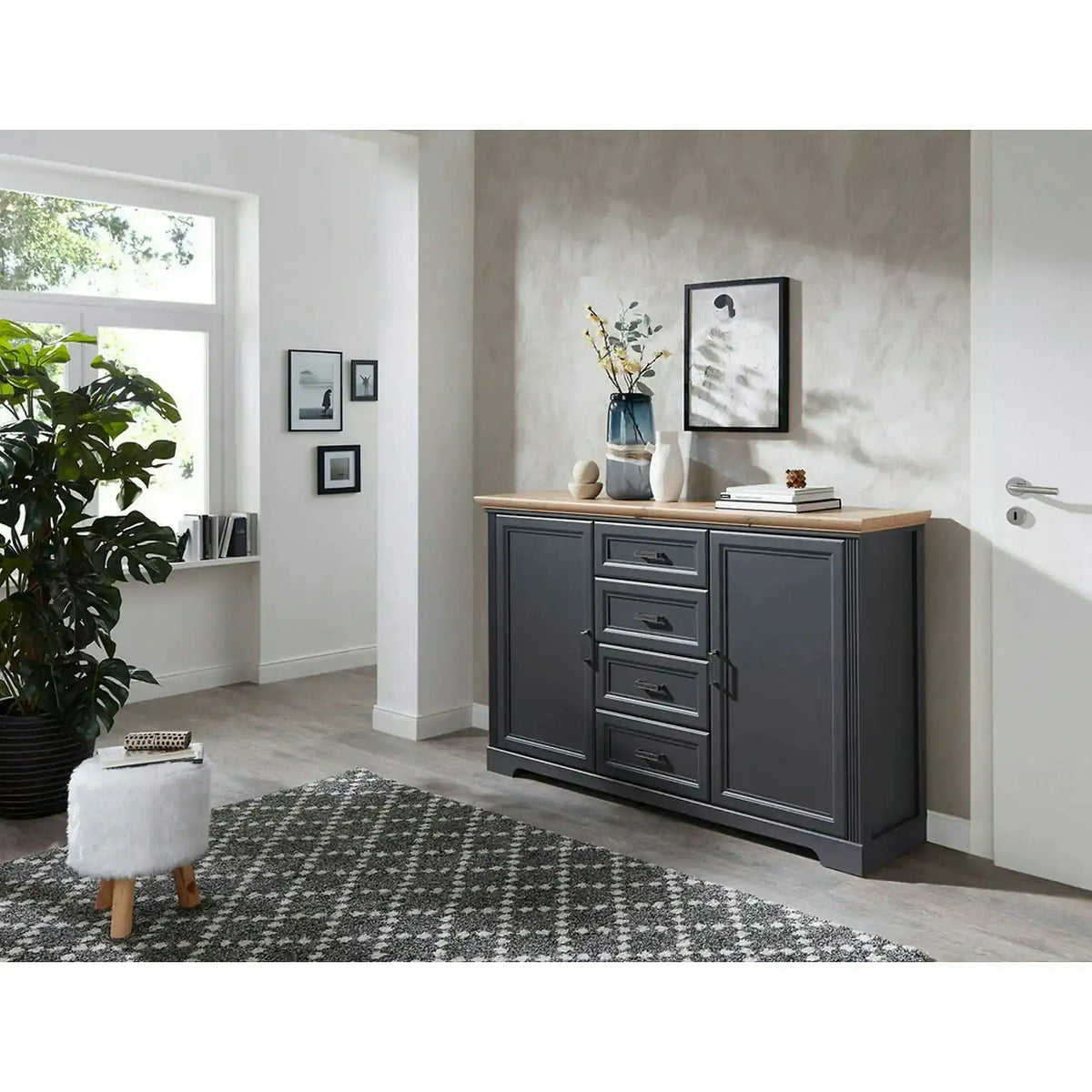 Comoda JASMIN, gri grafit/stejar artisan, PAL, cu 2 usi si 4 sertare, 165x41x102 cm