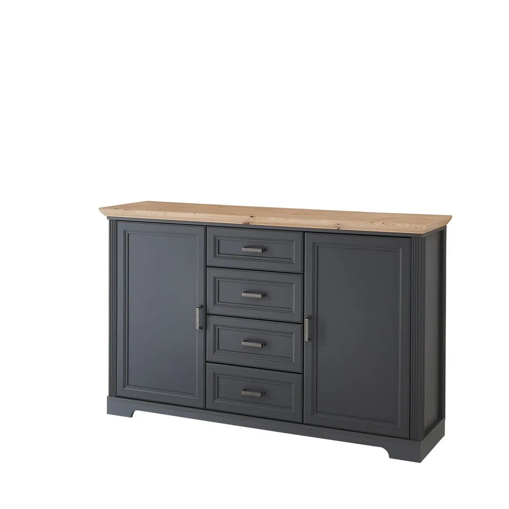 Comoda JASMIN, gri grafit/stejar artisan, PAL, cu 2 usi si 4 sertare, 165x41x102 cm