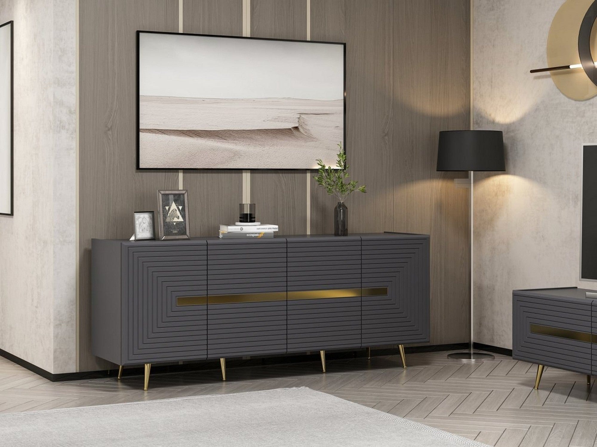 Comoda JOSE, gri antracit/auriu, PAL melaminat, 180x47x75 cm