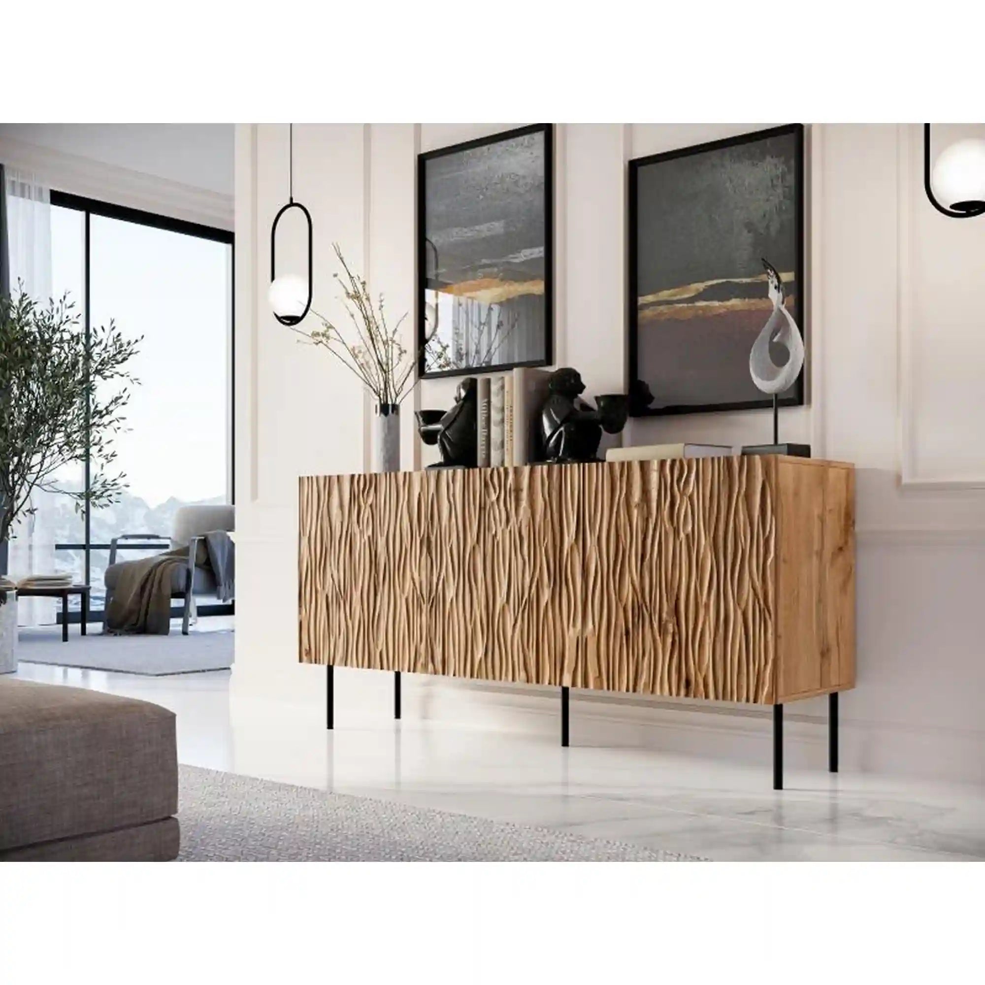 Comoda JUNGLE, stejar wotan/negru, PAL laminat, 152x42x75 cm