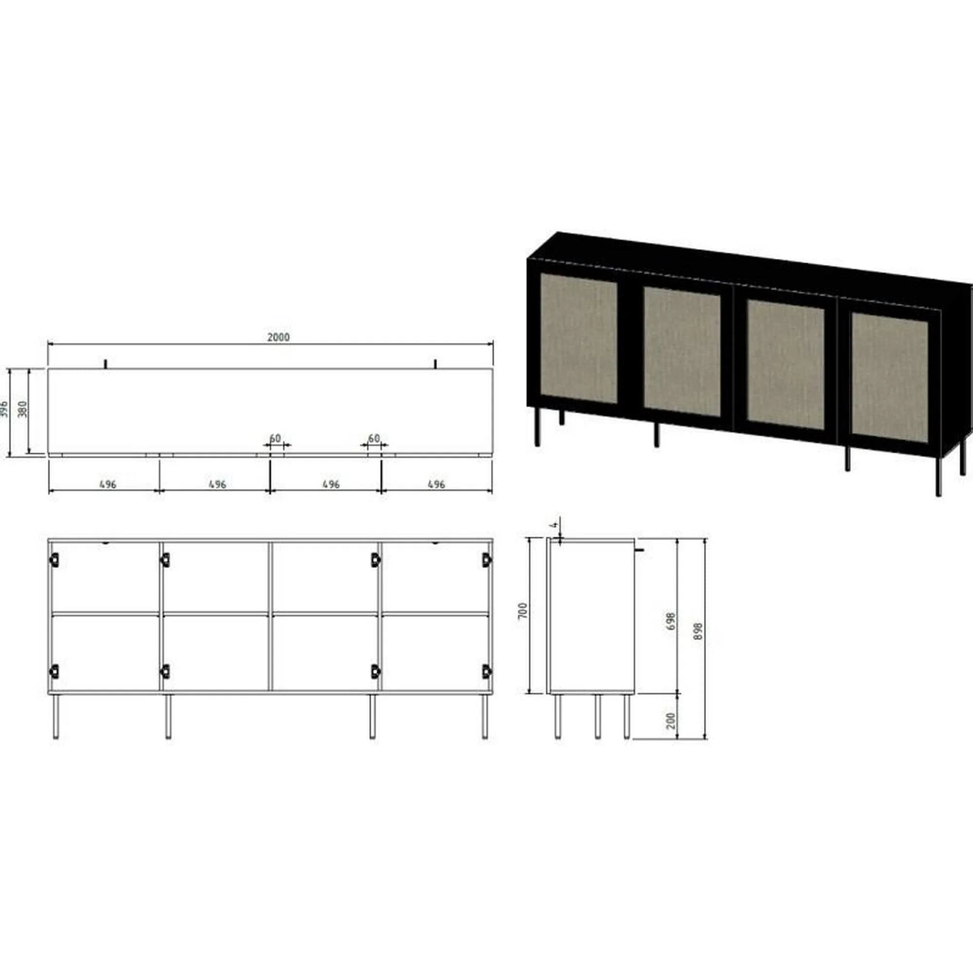 Comoda JUTA, negru, 200x40x90 cm