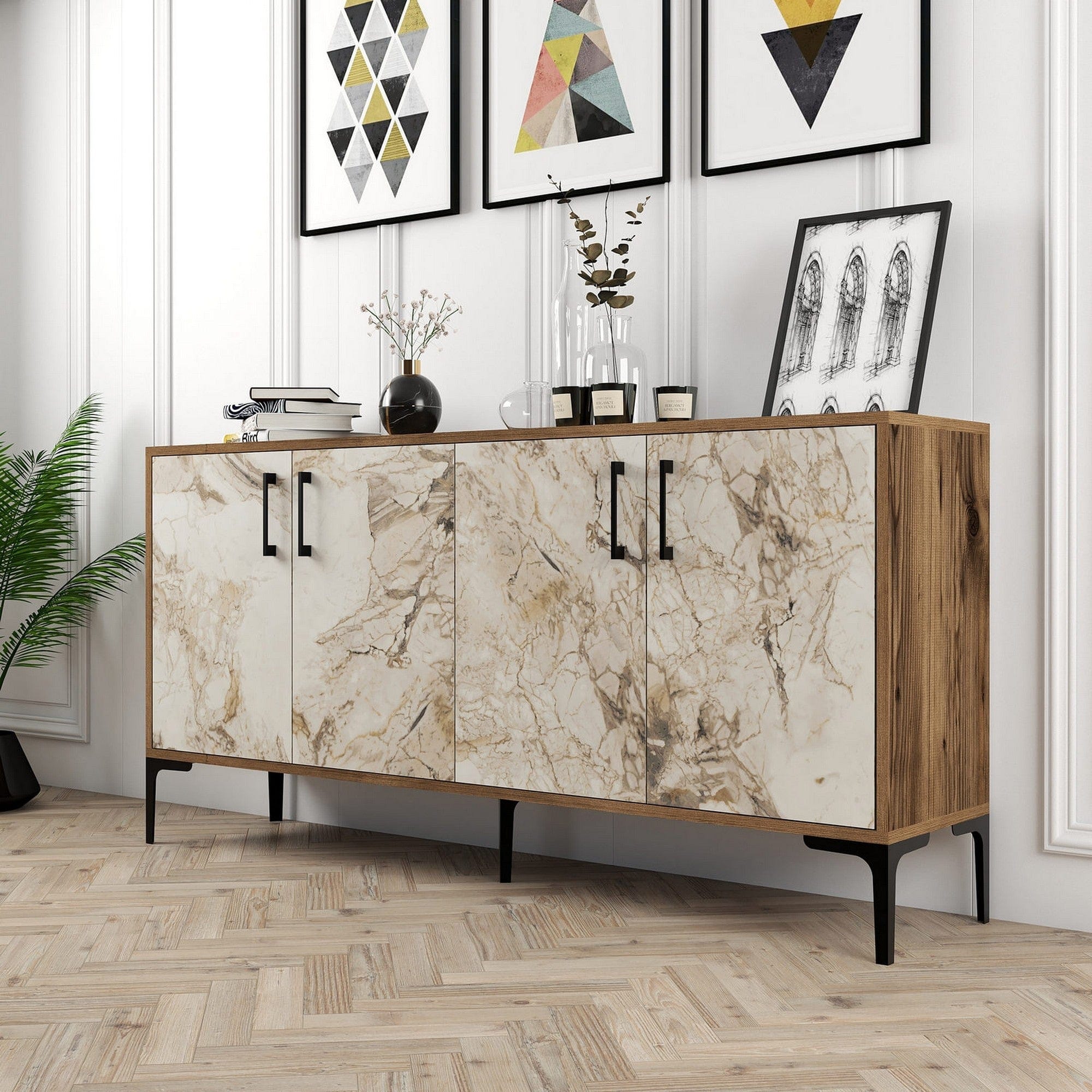 Comoda KIEV, stejar/bej cu efect de marmura, PAL melaminat, 160x35x78 cm
