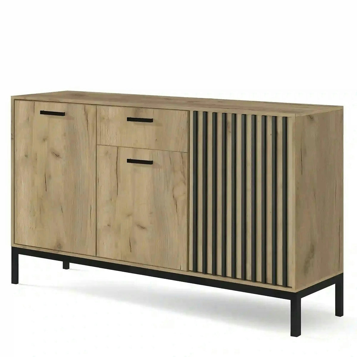 Comoda LAMINO KM-1, stejar/negru, PAL laminat/polipropilena, 154x40x84 cm