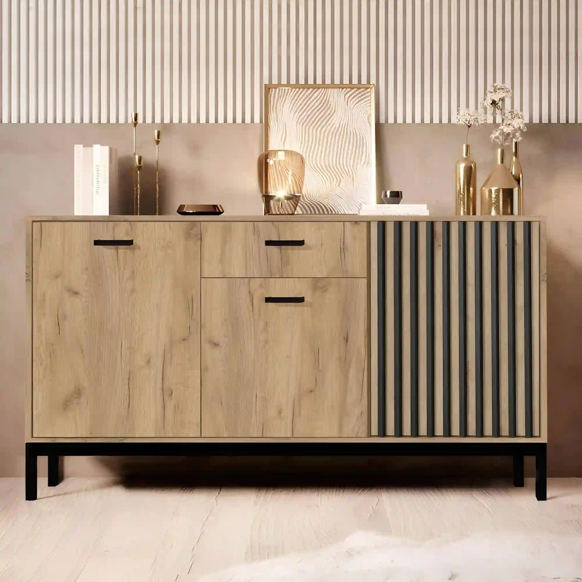 Comoda LAMINO KM-1, stejar/negru, PAL laminat/polipropilena, 154x40x84 cm