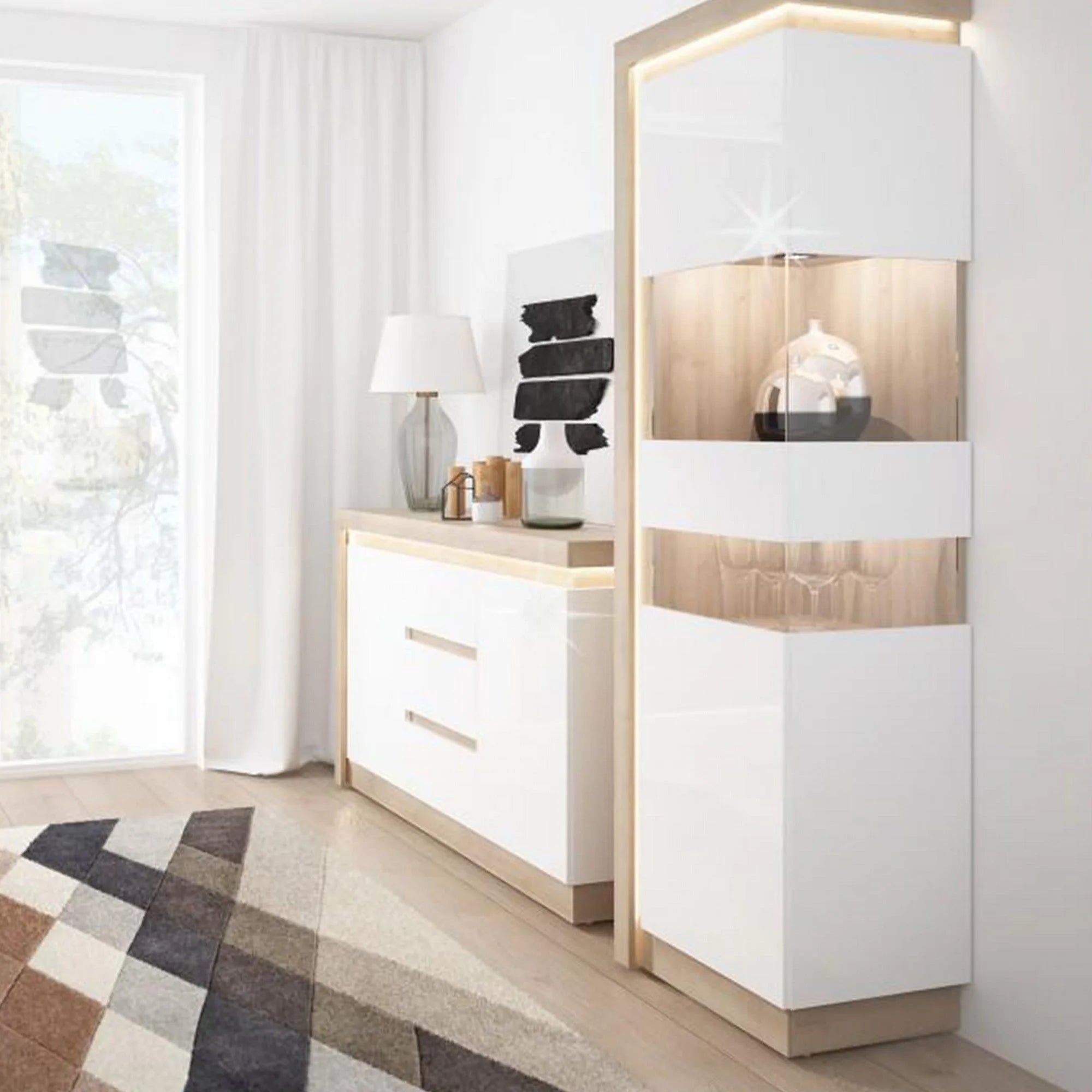 Comoda LEONARDO LYOK01, stejar riviera/alb lucios, DTD laminat, 158x42x89 cm