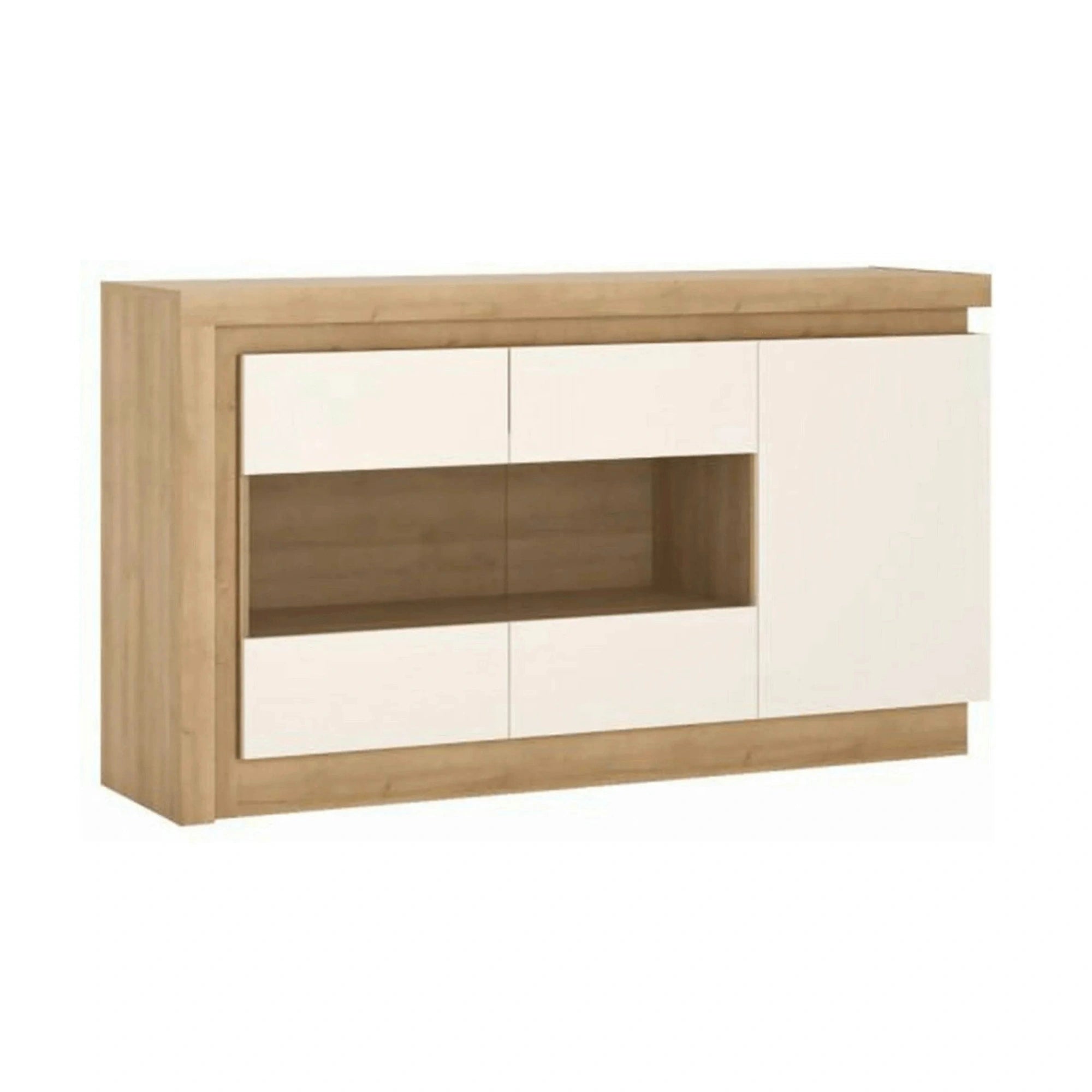 Comoda LEONARDO LYOK02, stejar riviera/alb lucios, PAL melaminat, cu iluminare LED, 158x42x89 cm