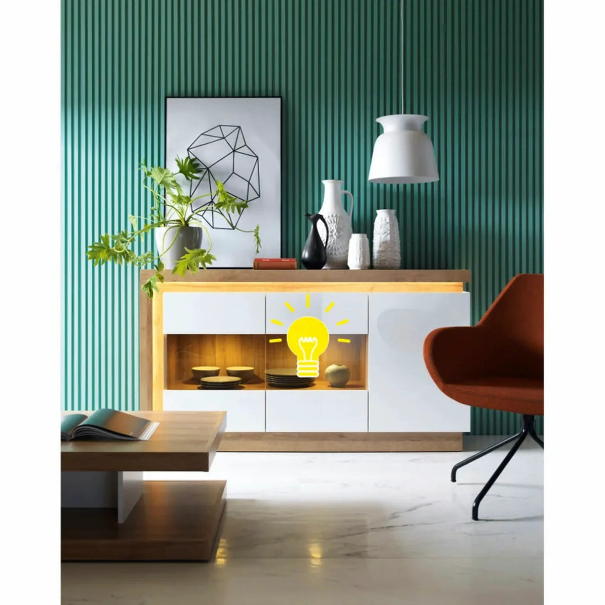 Comoda LEONARDO LYOK02, stejar riviera/alb lucios, PAL melaminat, cu iluminare LED, 158x42x89 cm