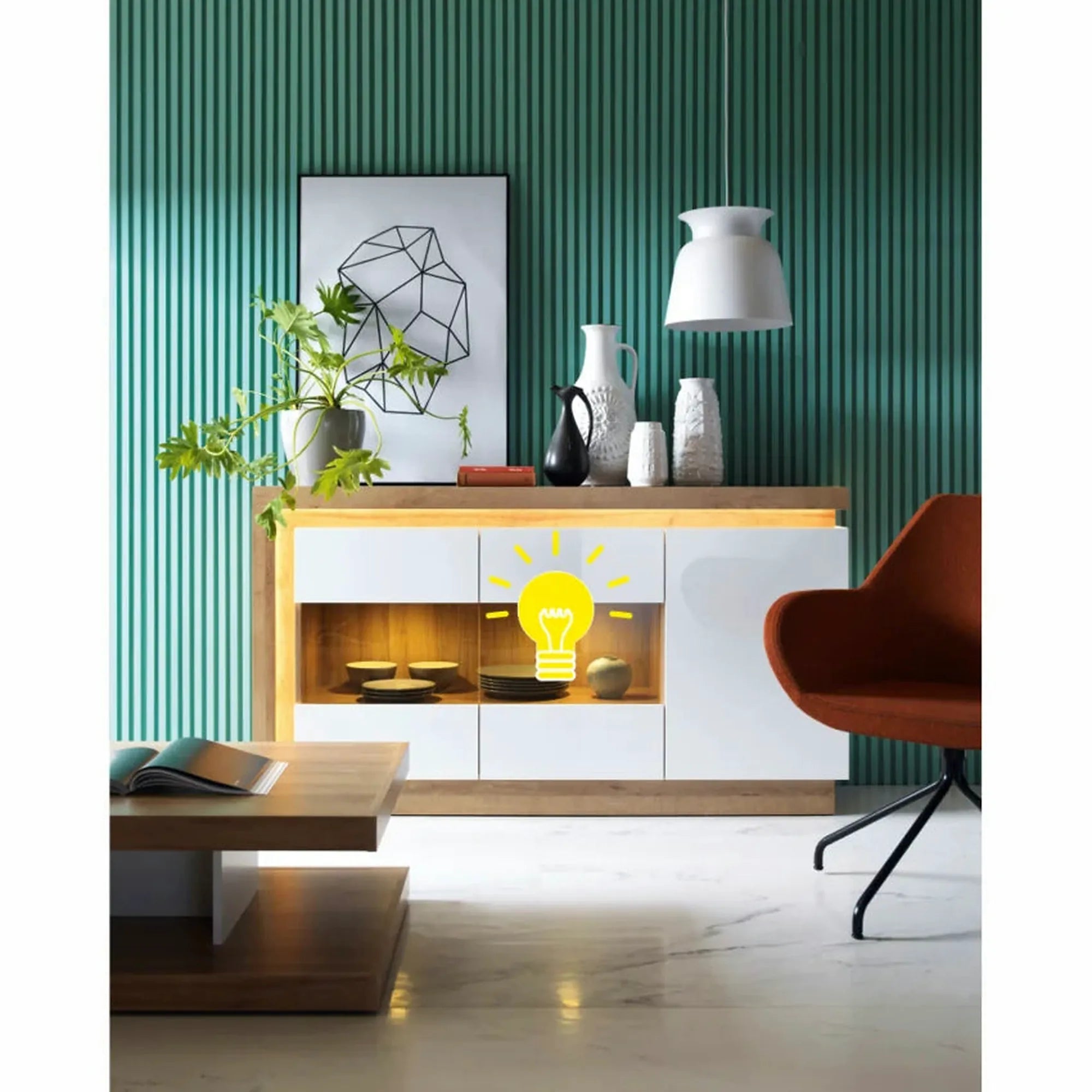 Comoda LEONARDO LYOK02, stejar riviera/alb lucios, PAL melaminat, cu iluminare LED, 158x42x89 cm