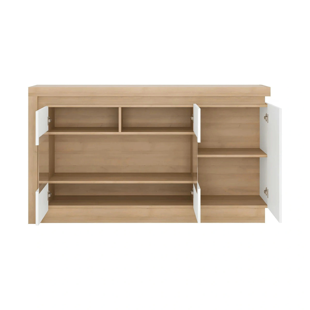 Comoda LEONARDO LYOK02, stejar riviera/alb lucios, PAL melaminat, cu iluminare LED, 158x42x89 cm