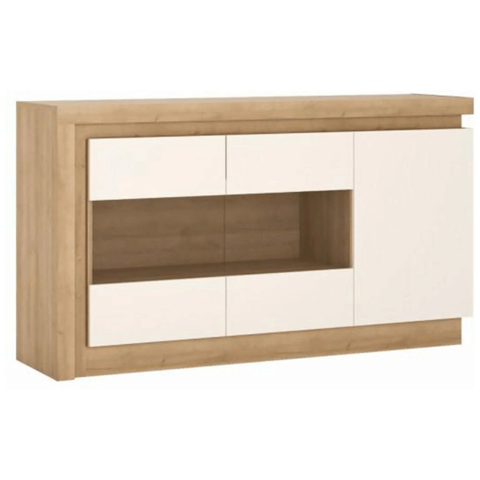 Comoda LEONARDO LYOK02, stejar riviera/alb lucios, PAL melaminat, cu iluminare LED, 158x42x89 cm