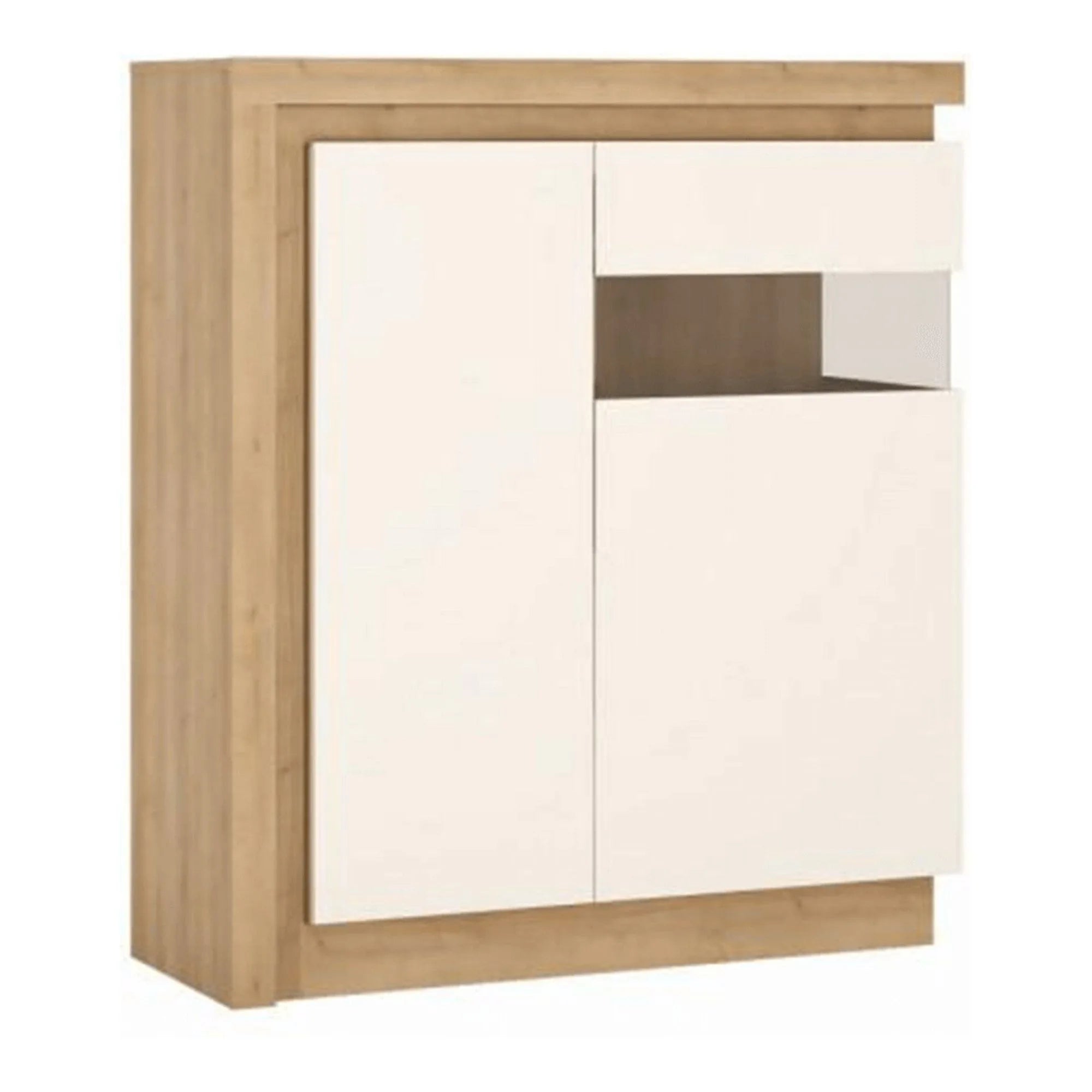 Comoda LEONARDO LYOV04P, stejar riviera/alb lucios, DTD laminat, 107x42x124 cm