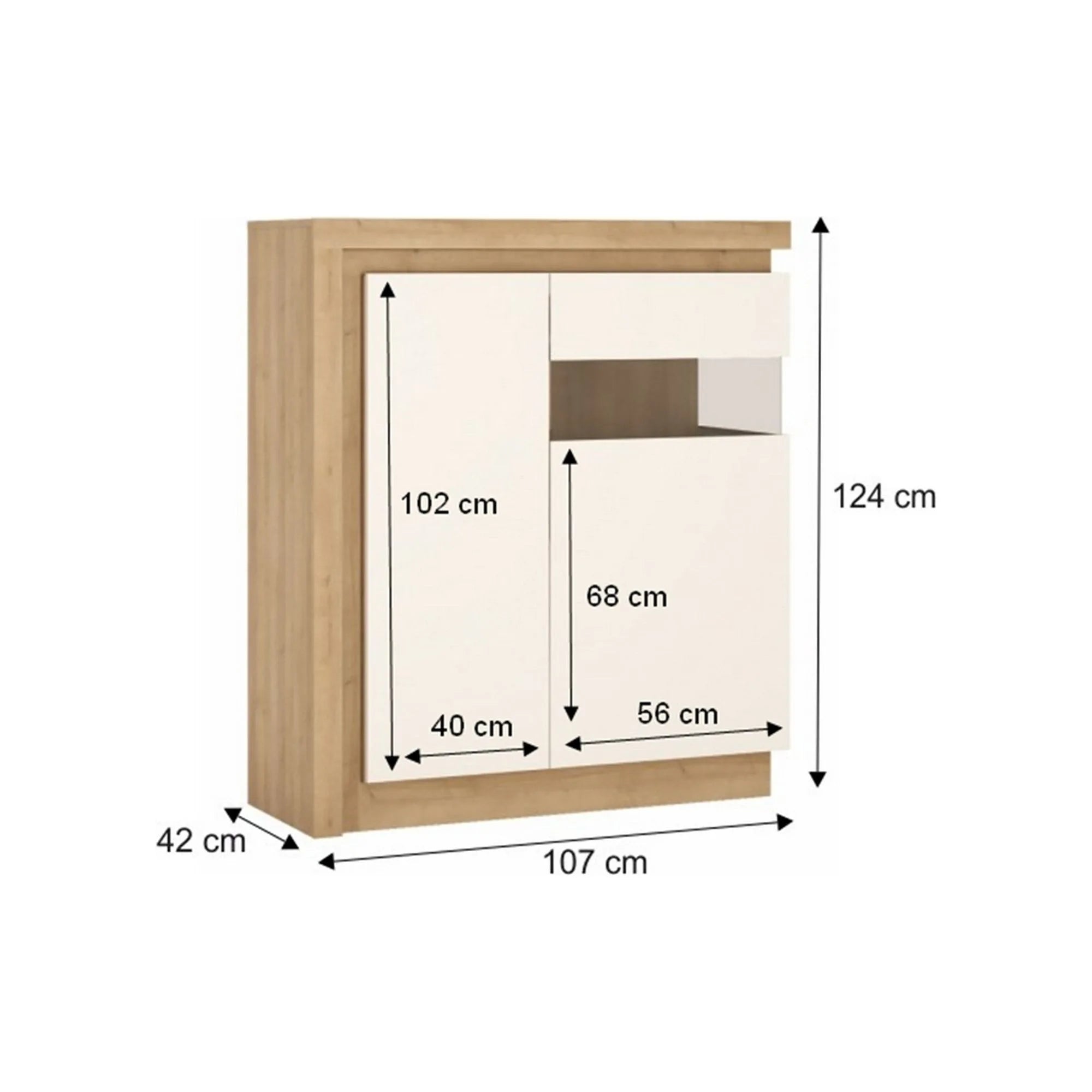 Comoda LEONARDO LYOV04P, stejar riviera/alb lucios, DTD laminat, 107x42x124 cm