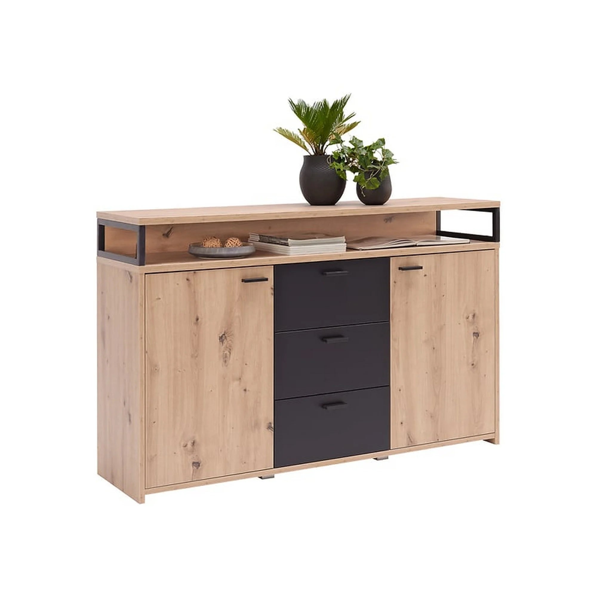 Comoda LIFE NEW, stejar artisan/negru, PAL, 134x38x88 cm