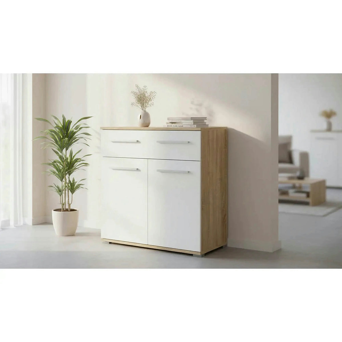 Comoda LIMA KM1, alb/stejar sonoma, PAL, 77x40x82 cm