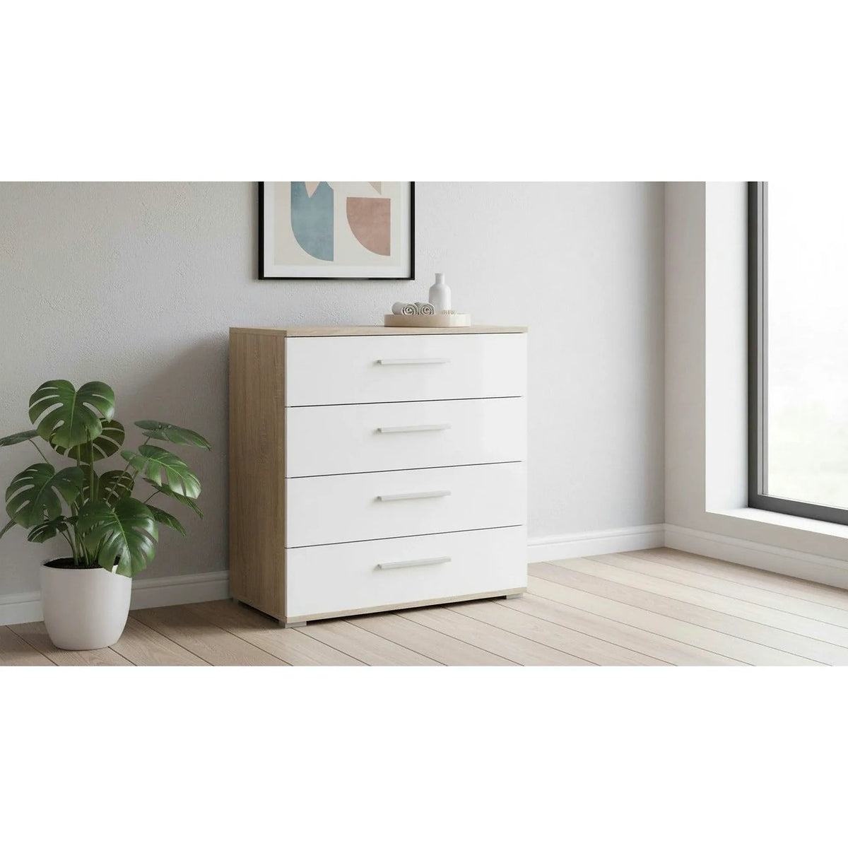 Comoda LIMA KM3, alb/stejar sonoma, PAL, 77x40x82 cm
