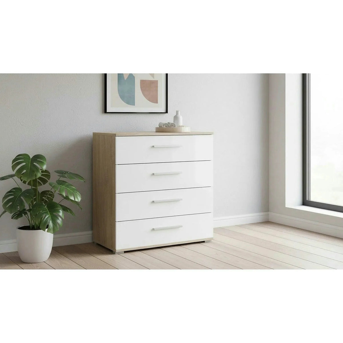 Comoda LIMA KM3, alb/stejar sonoma, PAL, 77x40x82 cm
