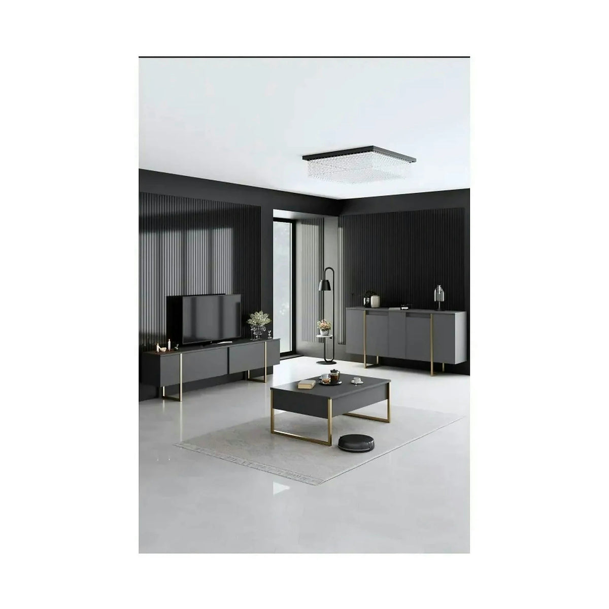 Comoda living gri LUXE, PAL melaminat/metal, 160x35x80 cm