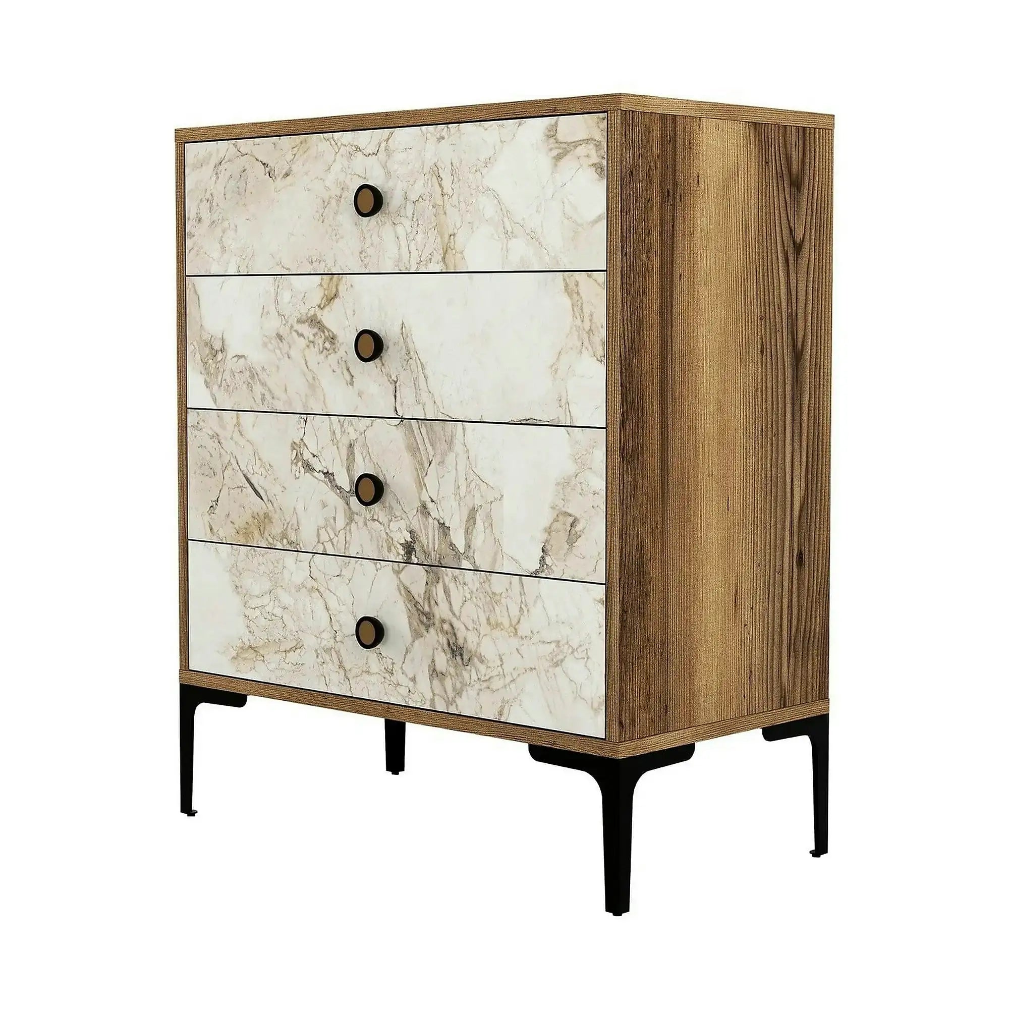 Comoda LIZBON 538, alb cu efect de marmura/nuc/negru, PAL melaminat, 76x40x91 cm