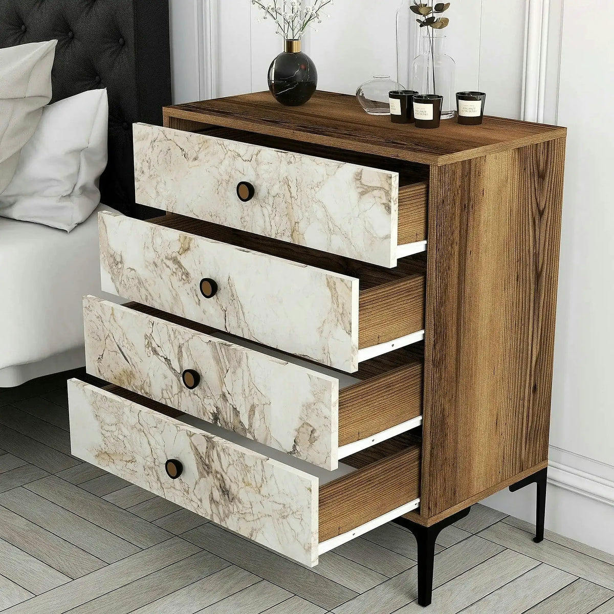 Comoda LIZBON 538, alb cu efect de marmura/nuc/negru, PAL melaminat, 76x40x91 cm