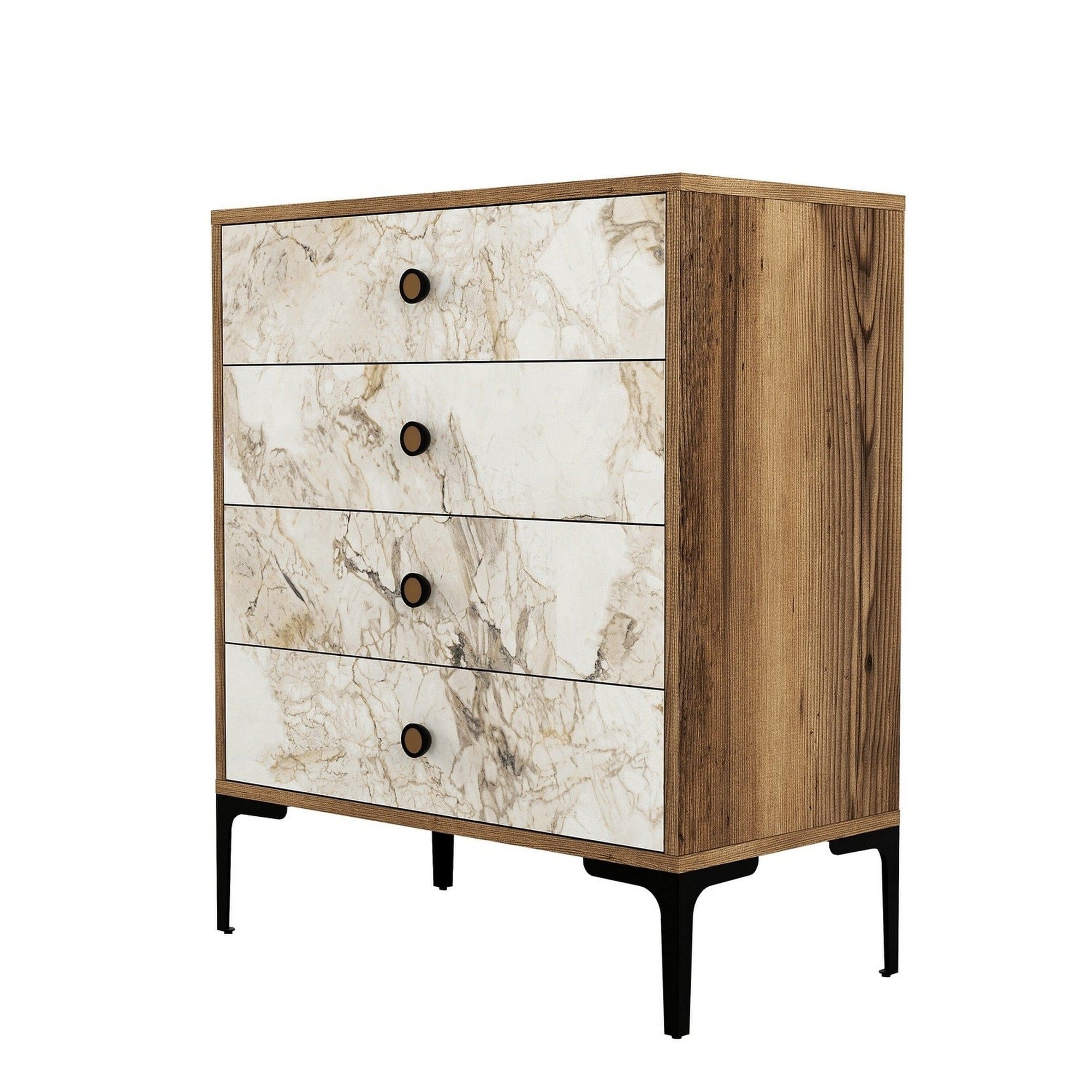 Comoda LIZBON 538, alb cu efect de marmura/nuc/negru, PAL melaminat, 76x40x91 cm