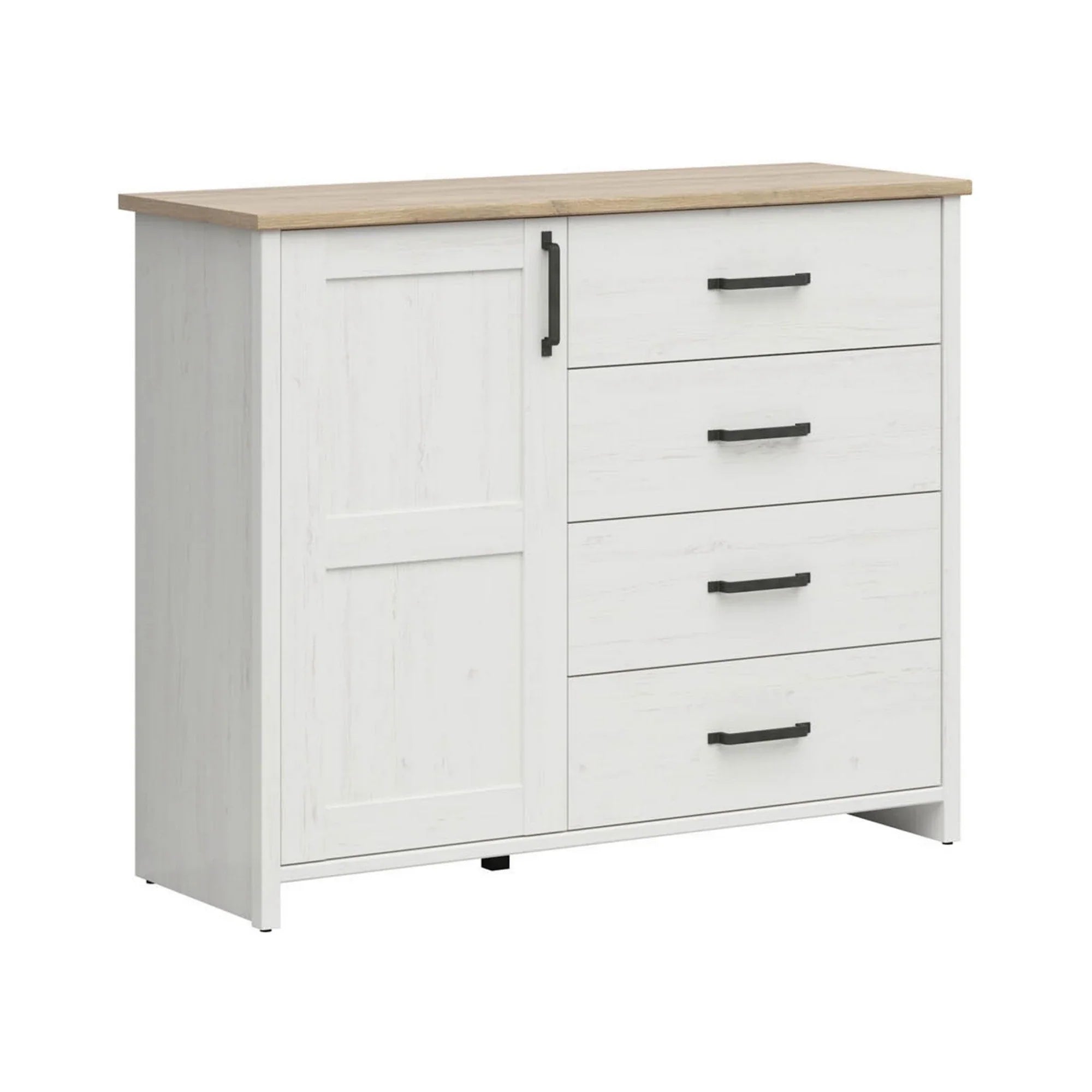 Comoda LOKSA, pin alb/stejar gandson, PAL laminat, 120x43x99 cm