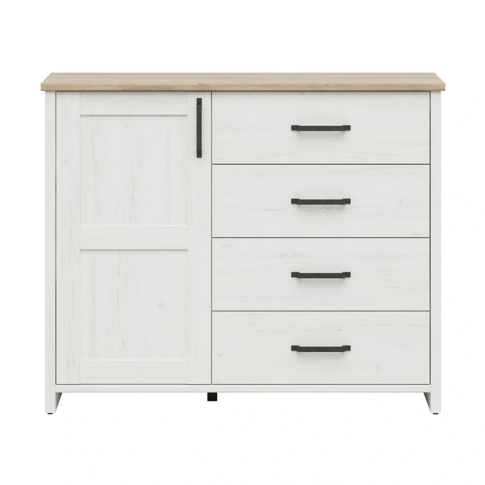 Comoda LOKSA, pin alb/stejar gandson, PAL laminat, 120x43x99 cm