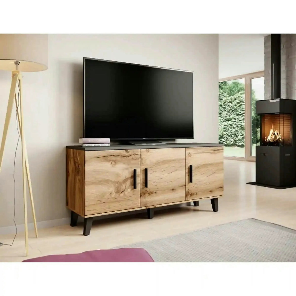Comoda LOTTA, stejar wotan/negru, PAL, cu 3 usi, 150x45x69 cm