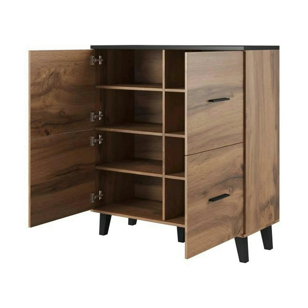 Comoda LOTTA, stejar wotan/negru, PAL, cu 4 usi, 110x45x119 cm
