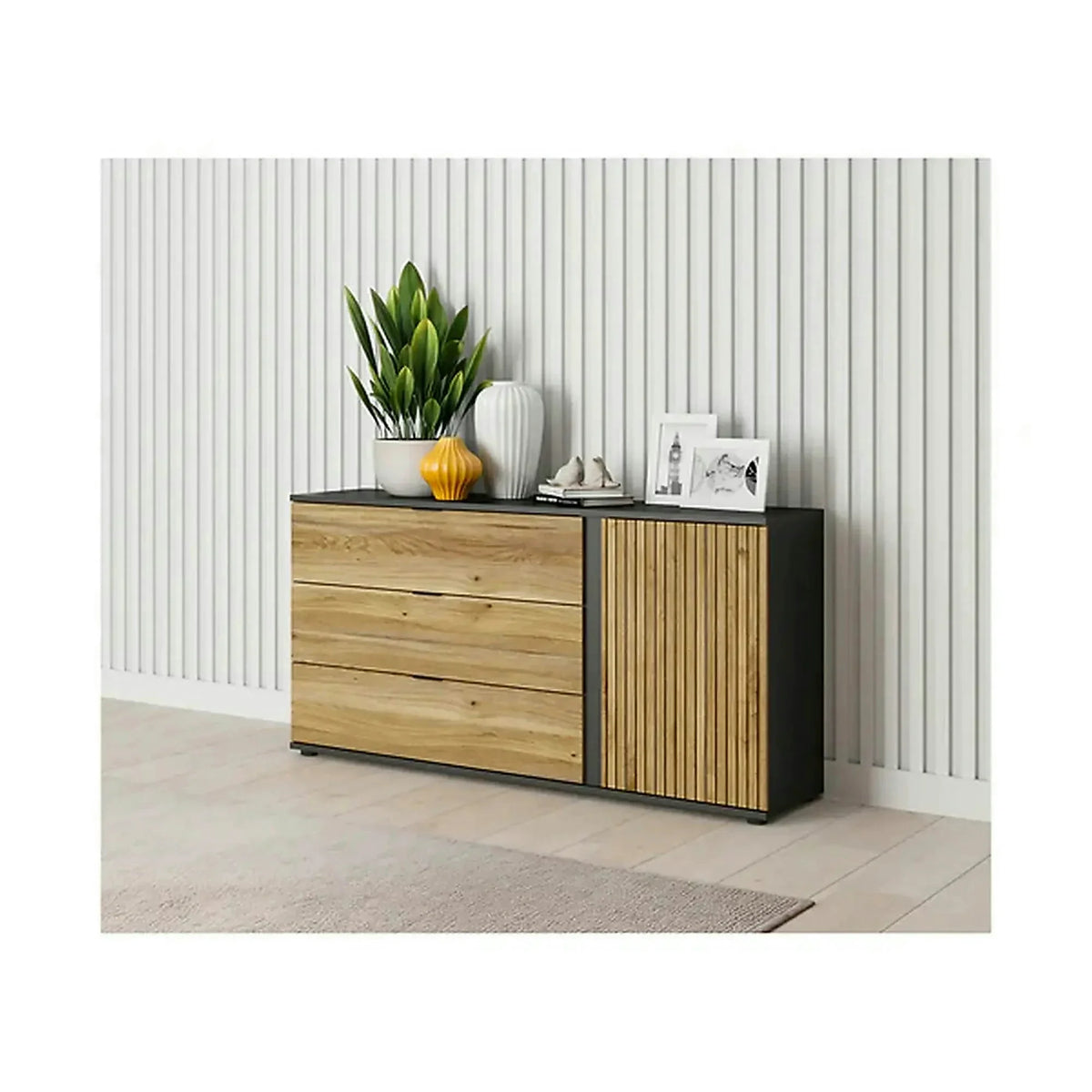 Comoda LUEN, stejar/negru, PAL laminat, 144x40x77 cm
