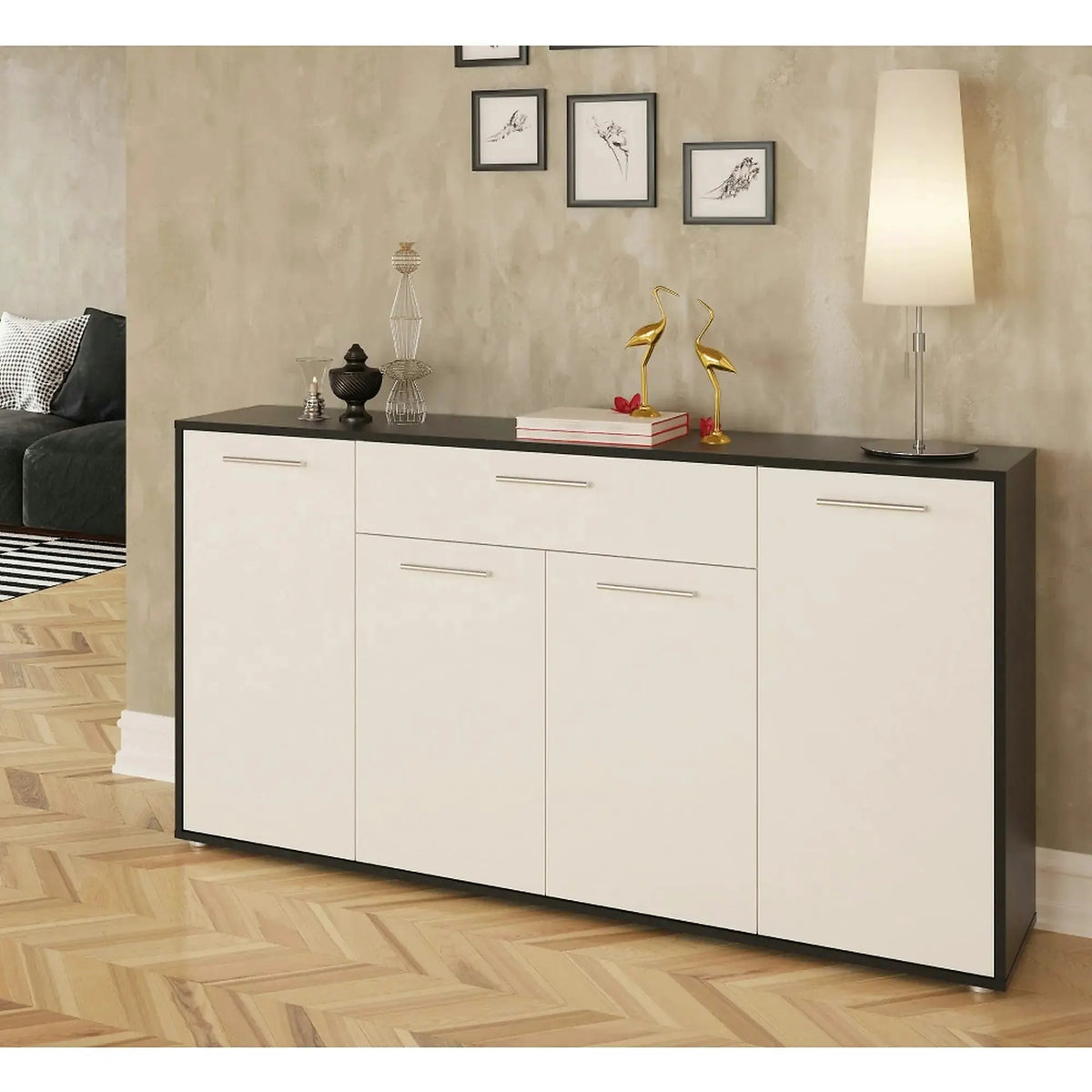 Comoda LUNIA, alb/negru/crom, 163x33x86 cm