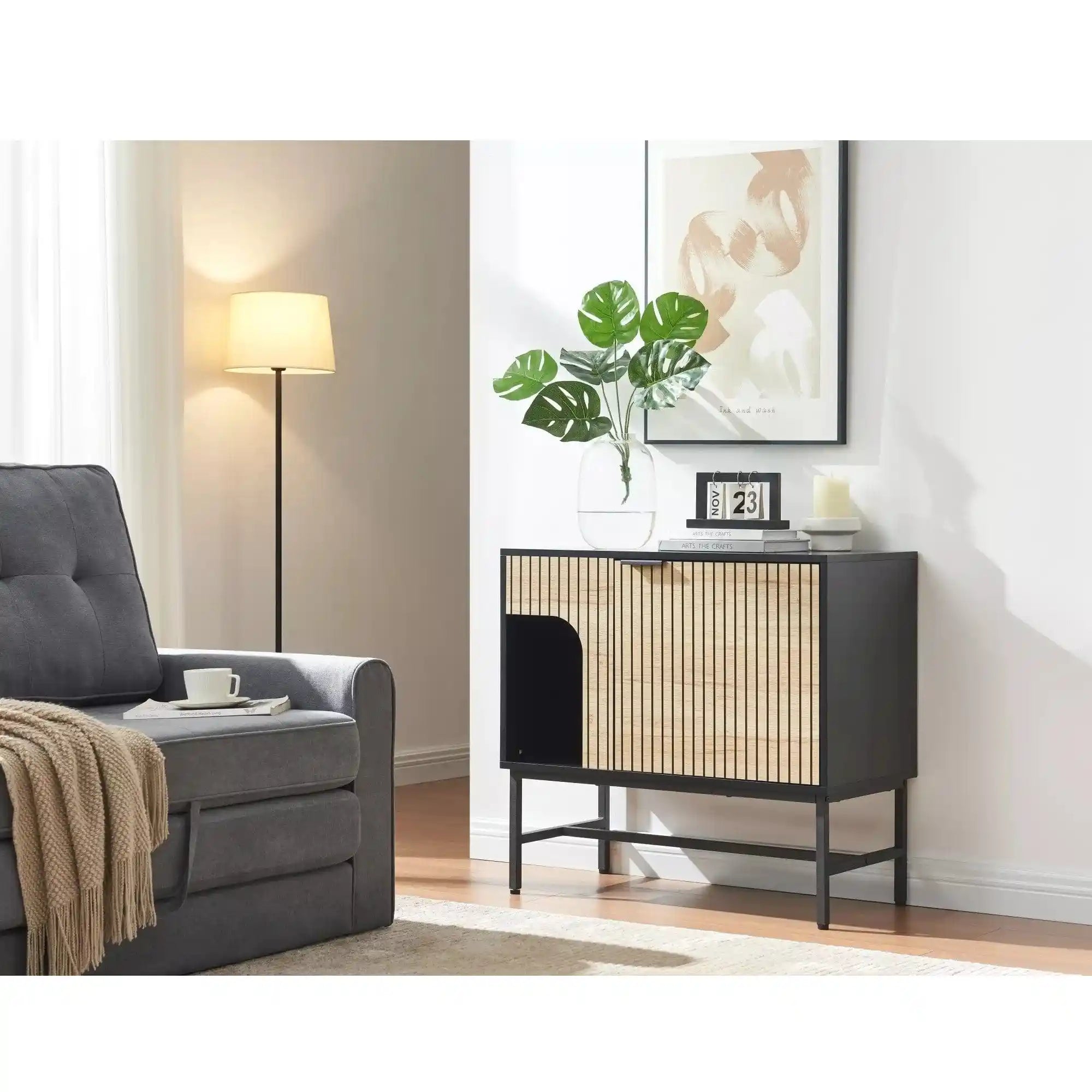 Comoda MAGO K3, negru/stejar, PAL/metal, 80x40x75 cm