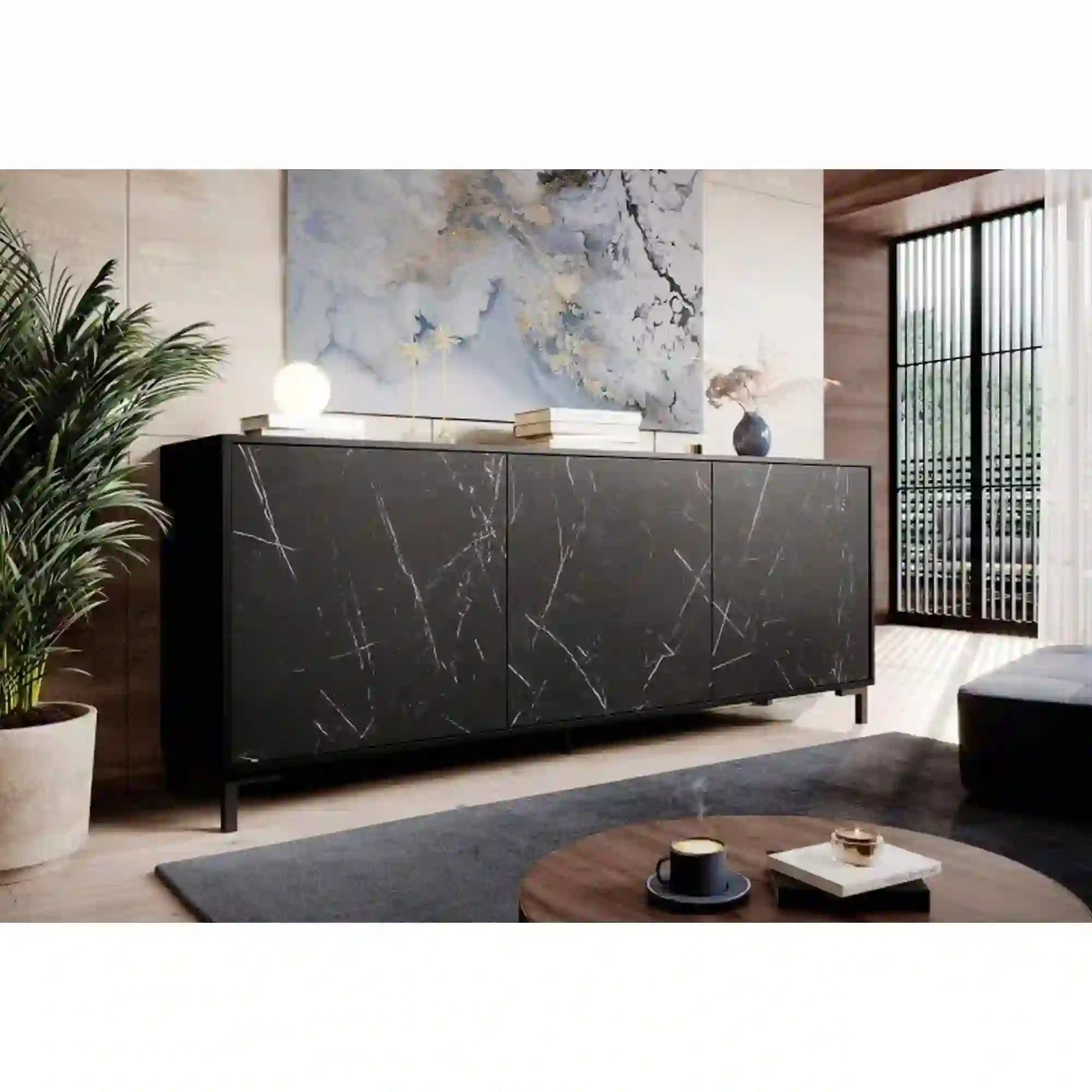 Comoda MARMO, negru/negru cu efect de marmura, PAL laminat, 200x45x81 cm