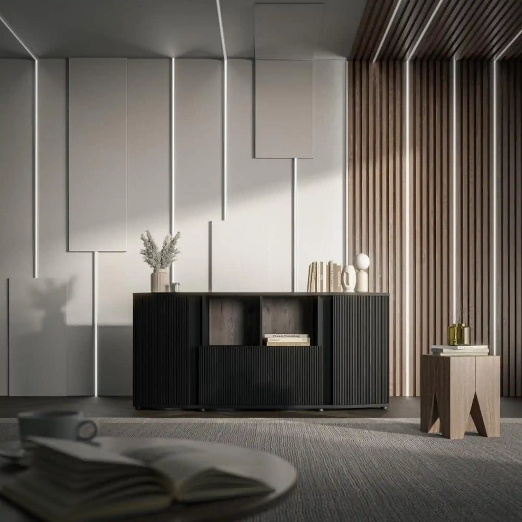 Comoda MICHELLE, negru/stejar, PAL laminat, 178x47x82 cm