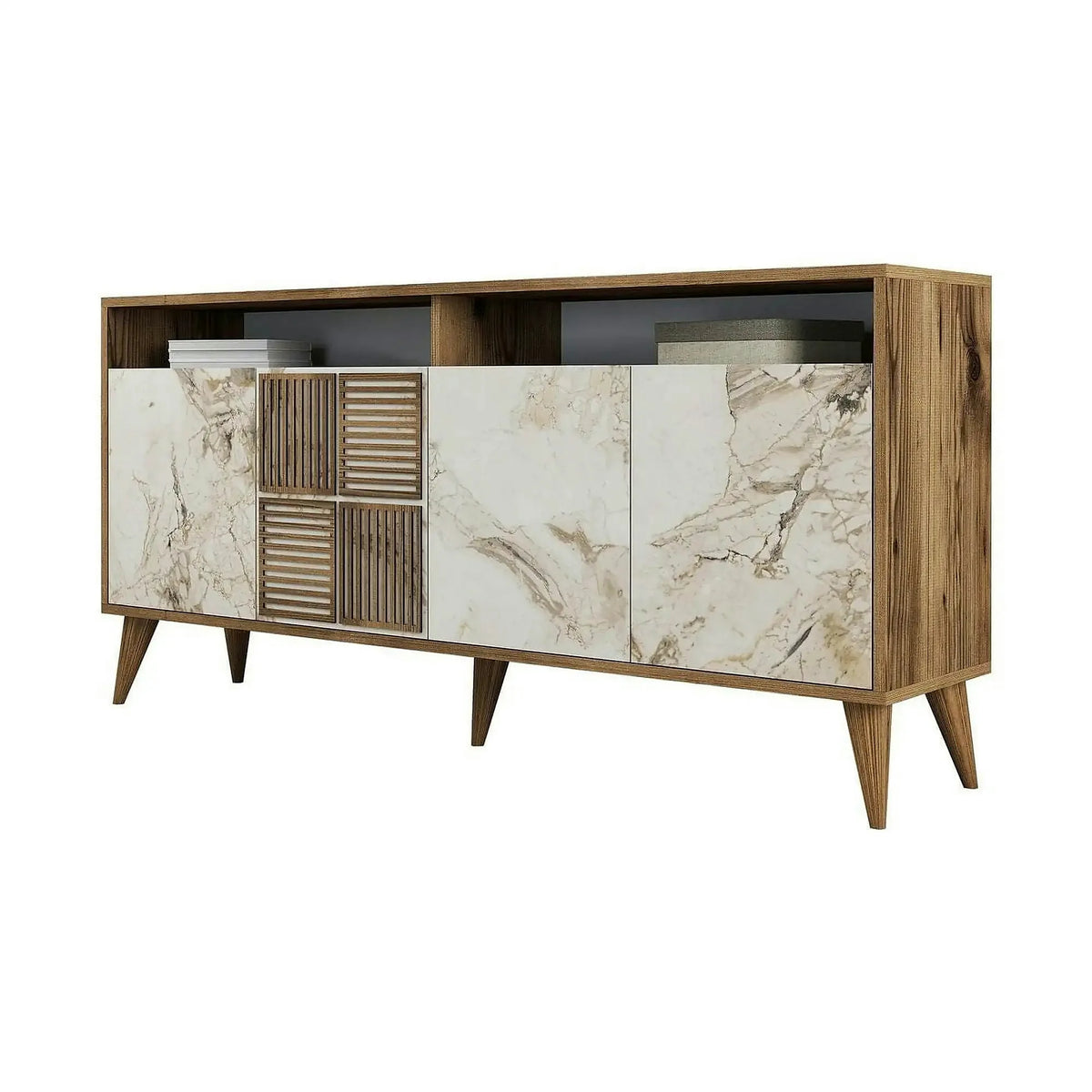 Comoda Milan, alb cu efect de marmura/nuc, PAL melaminat, 160x35x78 cm