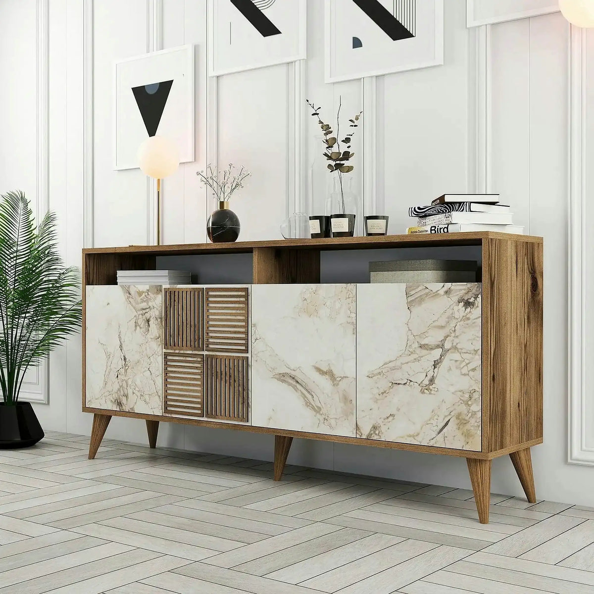 Comoda Milan, alb cu efect de marmura/nuc, PAL melaminat, 160x35x78 cm