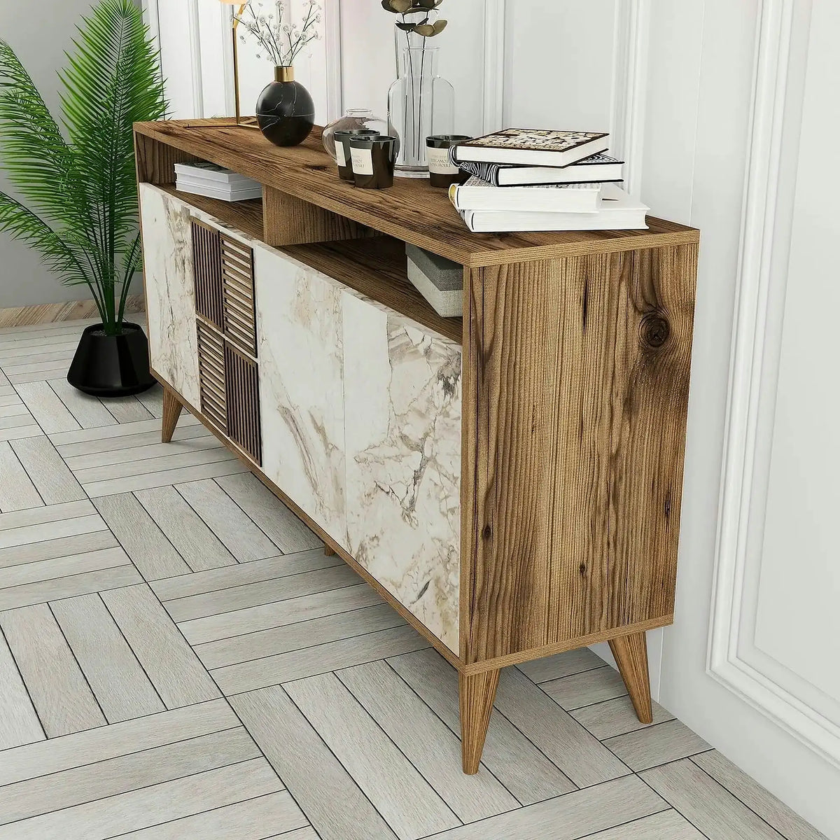 Comoda Milan, alb cu efect de marmura/nuc, PAL melaminat, 160x35x78 cm