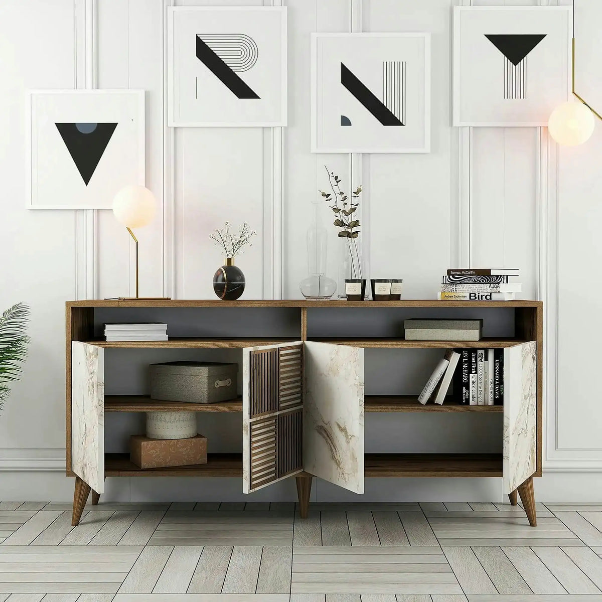 Comoda Milan, alb cu efect de marmura/nuc, PAL melaminat, 160x35x78 cm