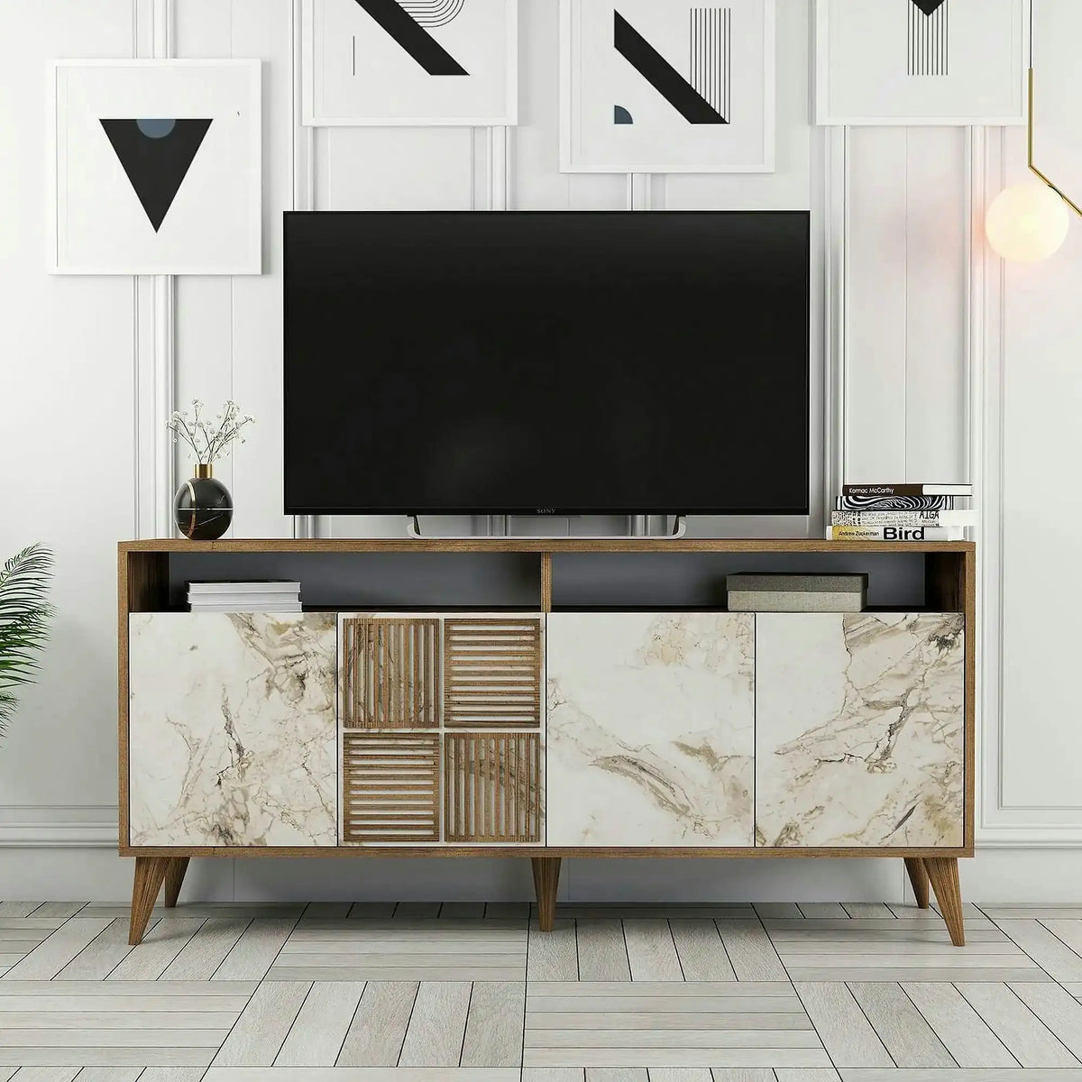 Comoda Milan, alb cu efect de marmura/nuc, PAL melaminat, 160x35x78 cm