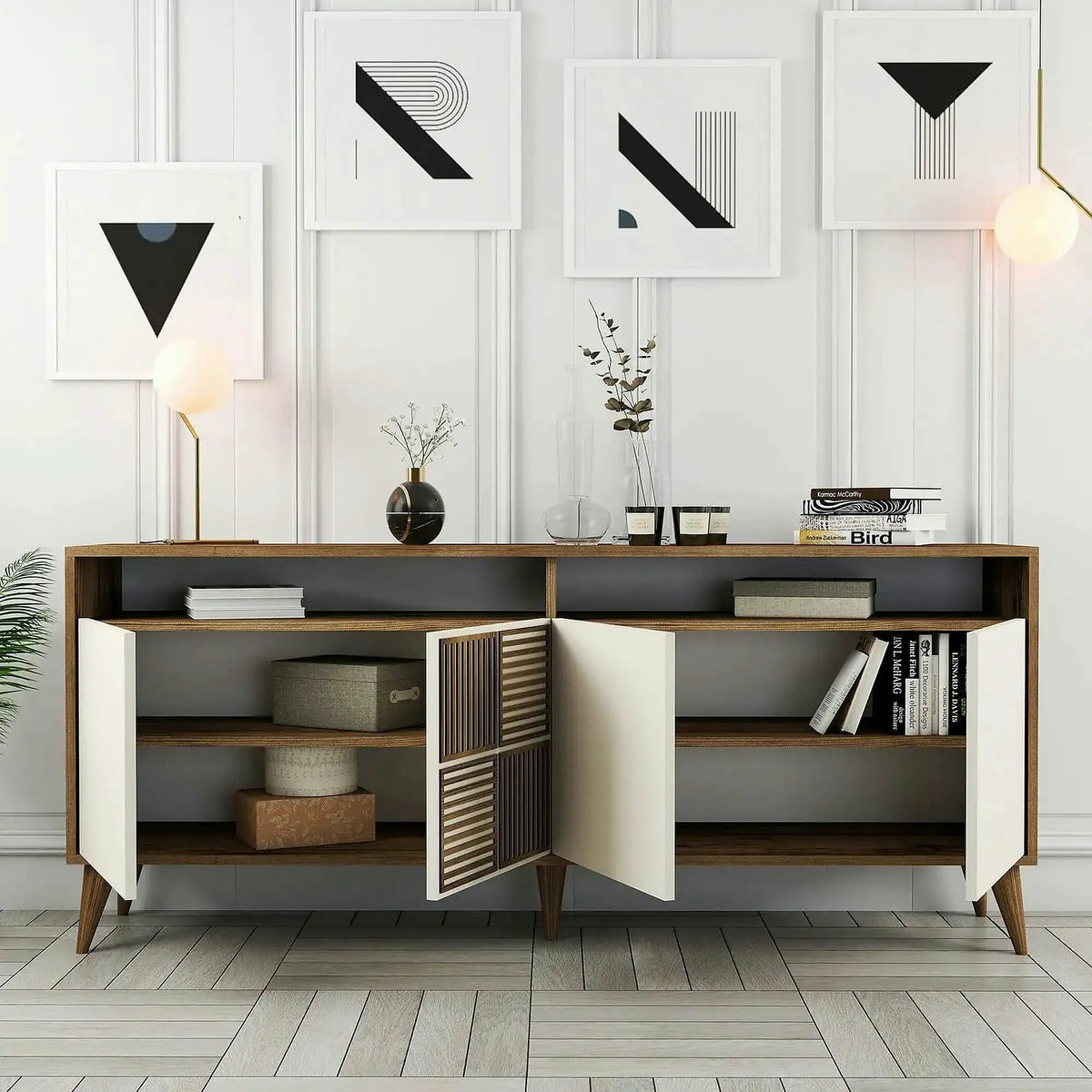 Comoda Milan, din PAL melaminat, alun/crem, 180x35x79 cm