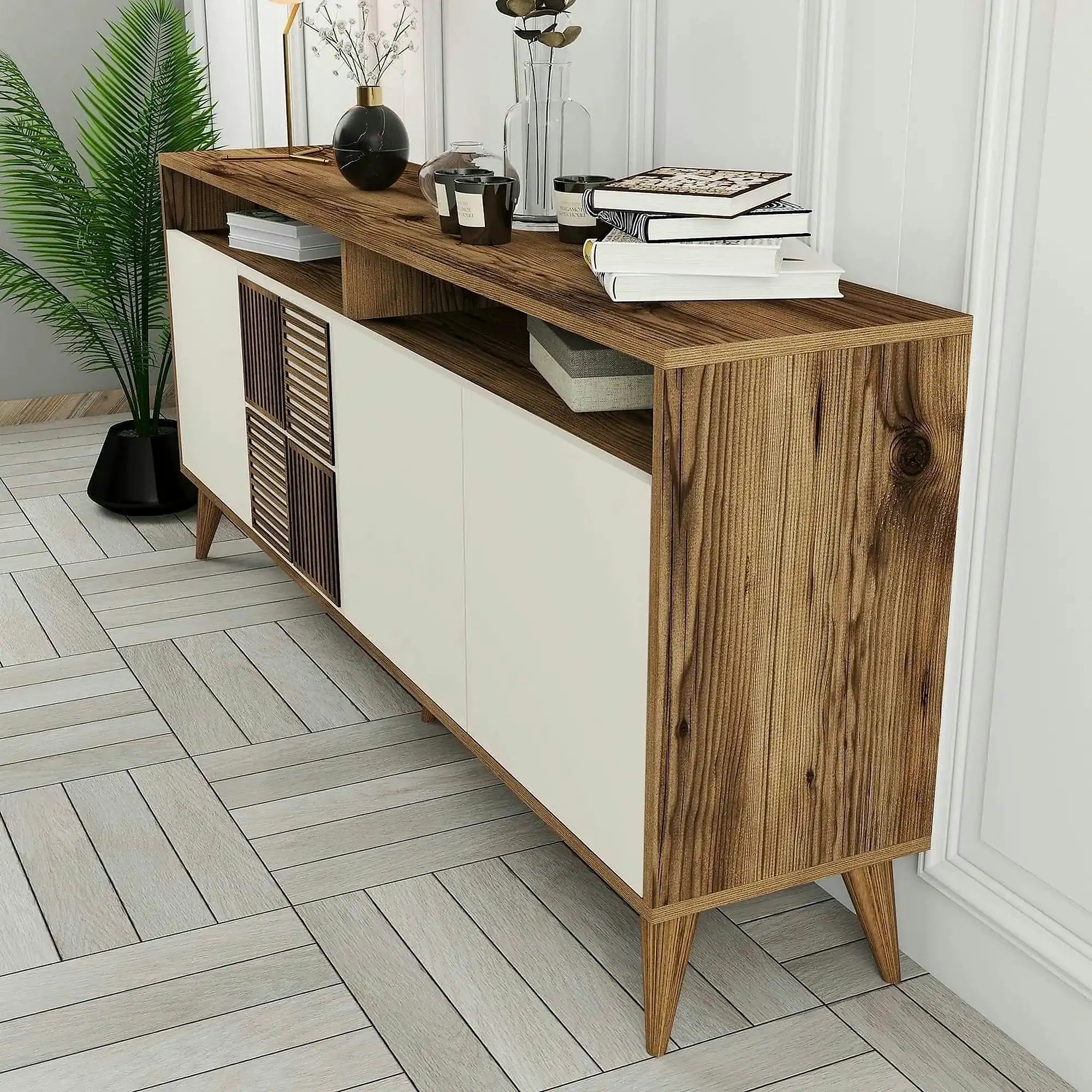 Comoda Milan, din PAL melaminat, alun/crem, 180x35x79 cm